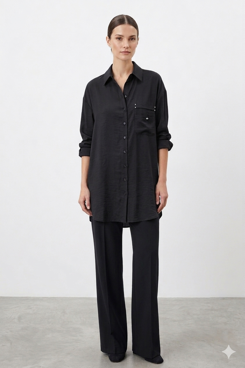 Ceremony 26Y196 Cebi İşleme Detaylı Gömlek Tunik - Siyah