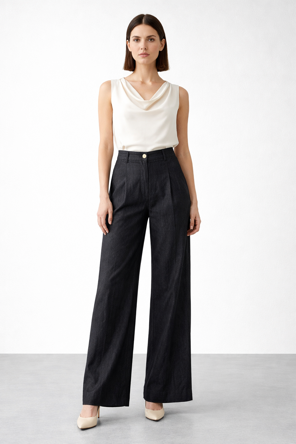 Sentez 5636 Abelia Kısa Geniş Paça Pantolon - Siyah Füme