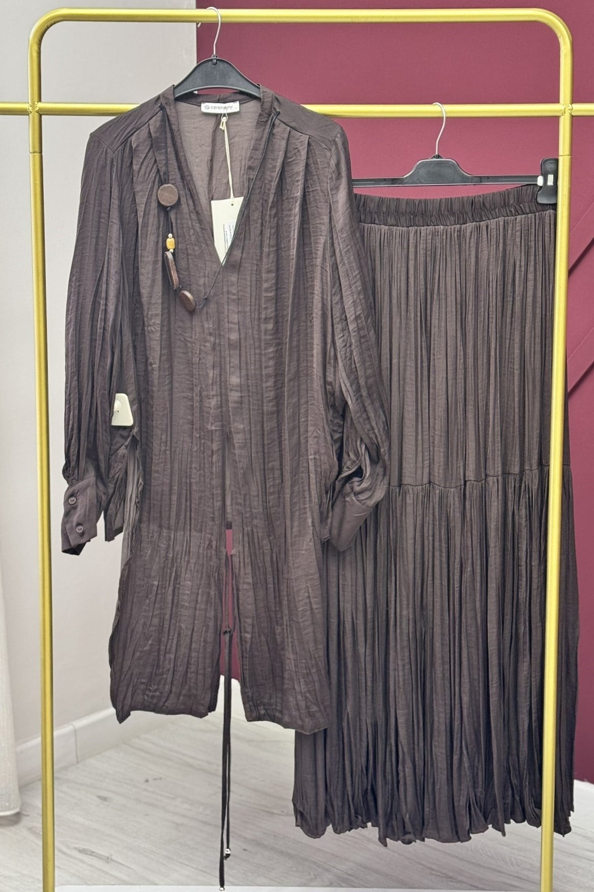 Ceremony 26Y954 Tuniği Tahta Aksesuar Detaylı Etekli Takım - Kahverengi