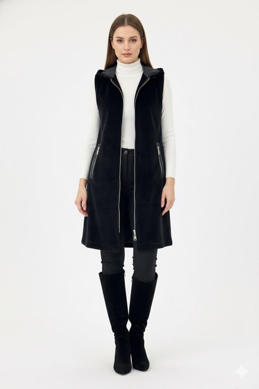 Deri Detaylı Kapüşonlu Yelek 1433 - Siyah