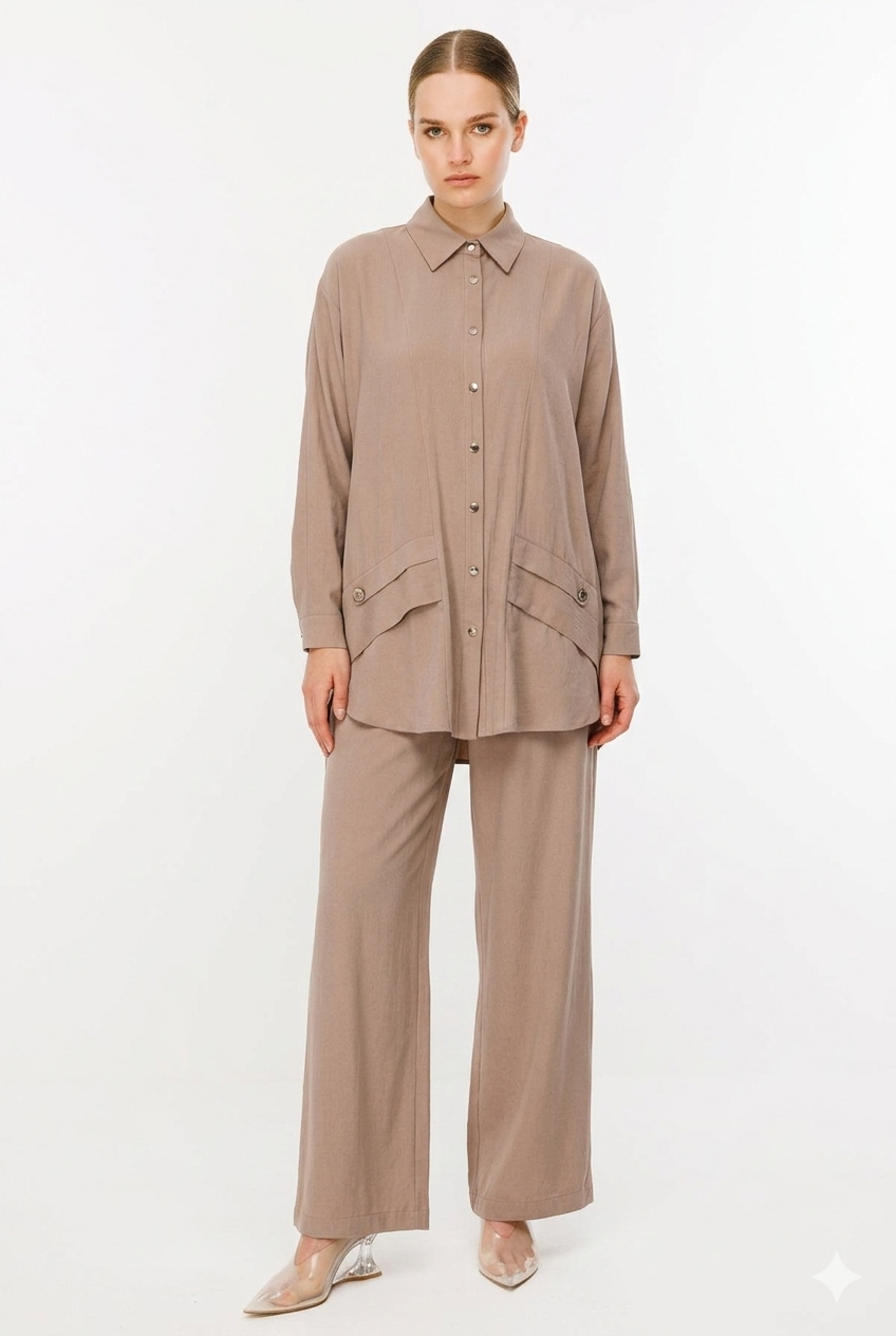 Ceremony 26Y927 Cep Kapaklari Taş İşlemeli Pantolonlu Takım - Vizon