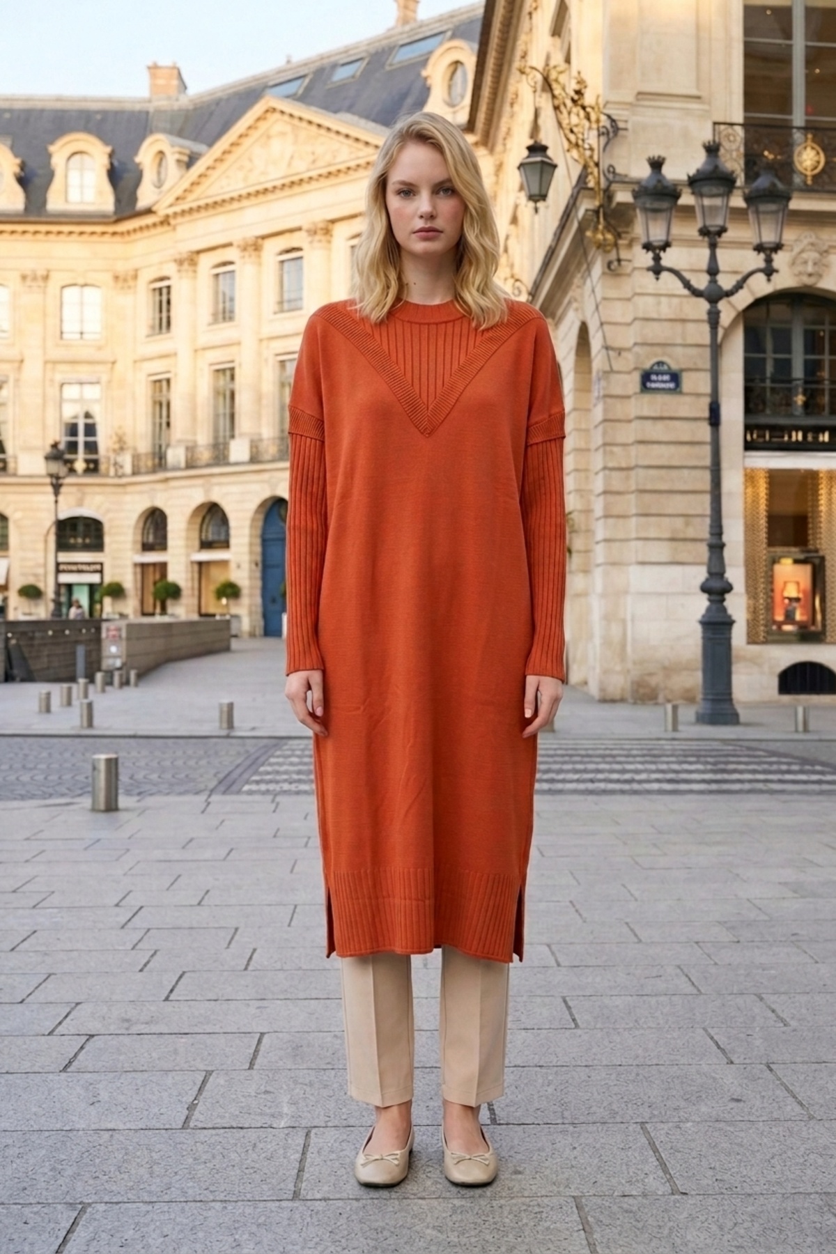 Ön V Detay Uzun Tunik 35326 Oranj Tunik Miss Knit 