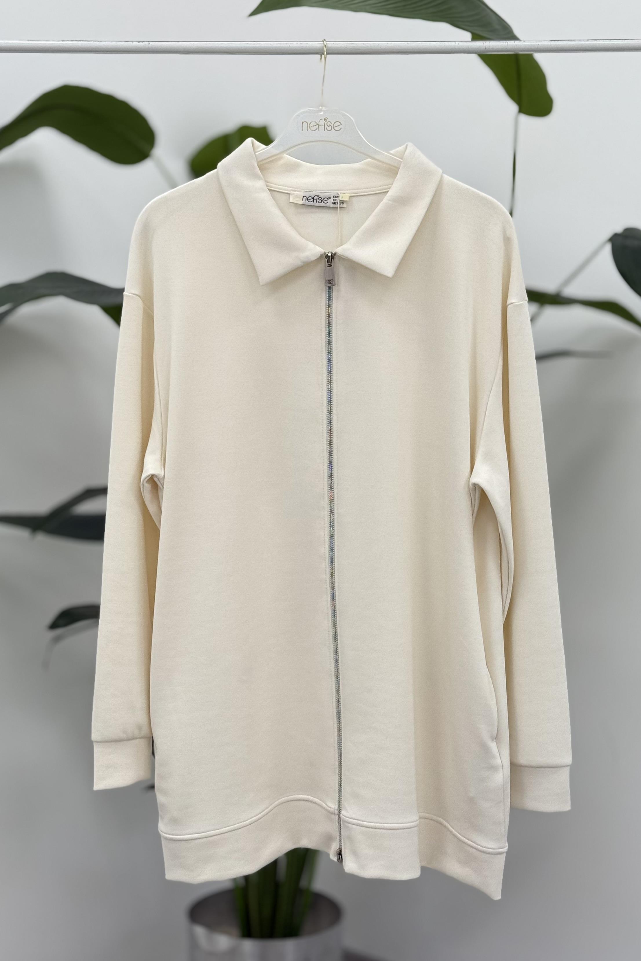 Şık Fermuarlı Uzun Kap 250306 - Beyaz