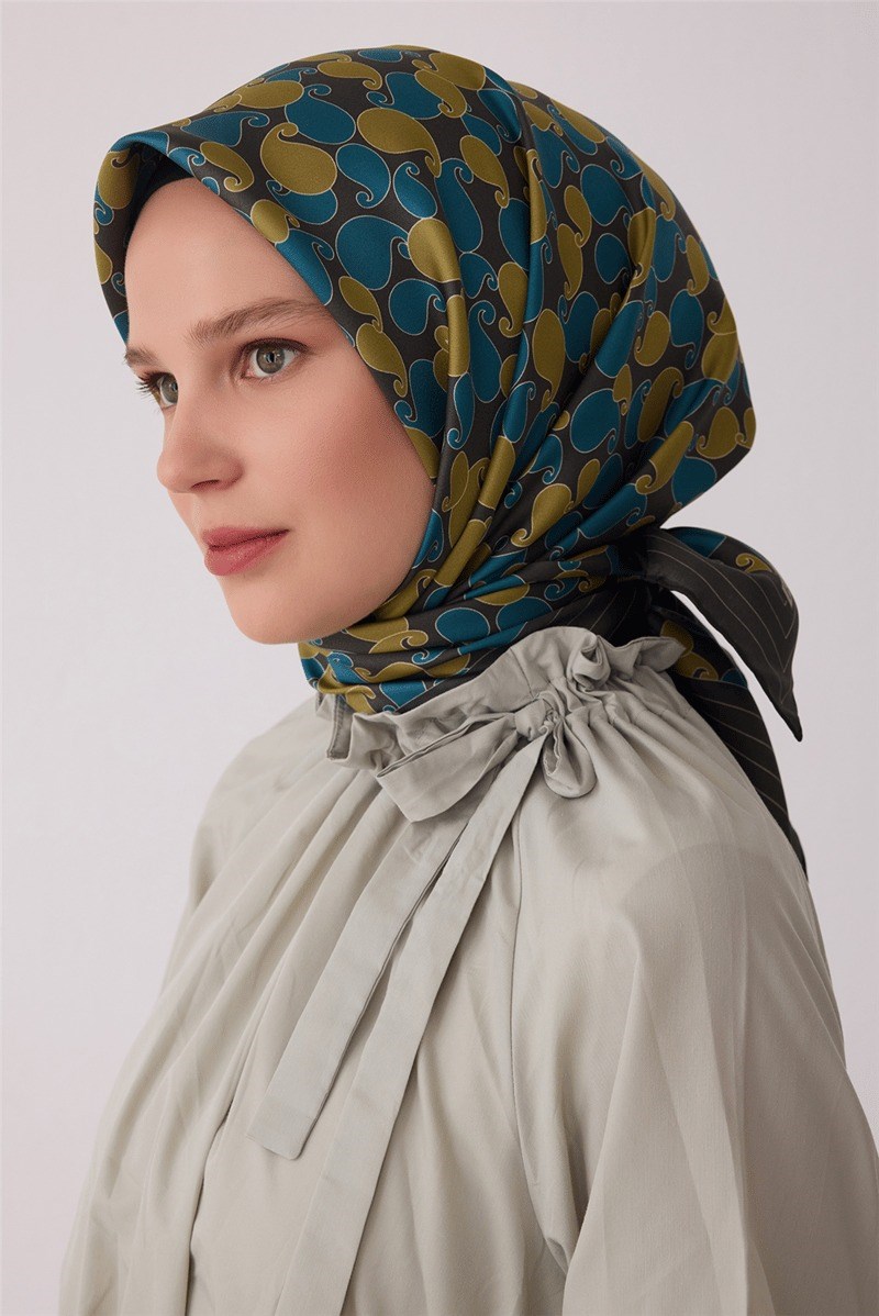 Belli 4422 Anadolu Motifleri Etnik %100 Twill İpek Eşarp - Haki Eşarp BELLI 