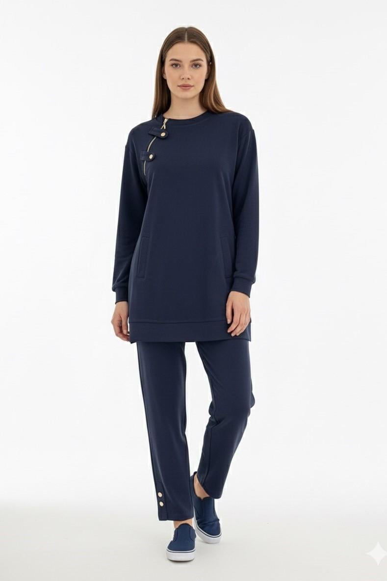 Yaka Fermuar Detay Pantolonlu Takım 14406 - F.Navy