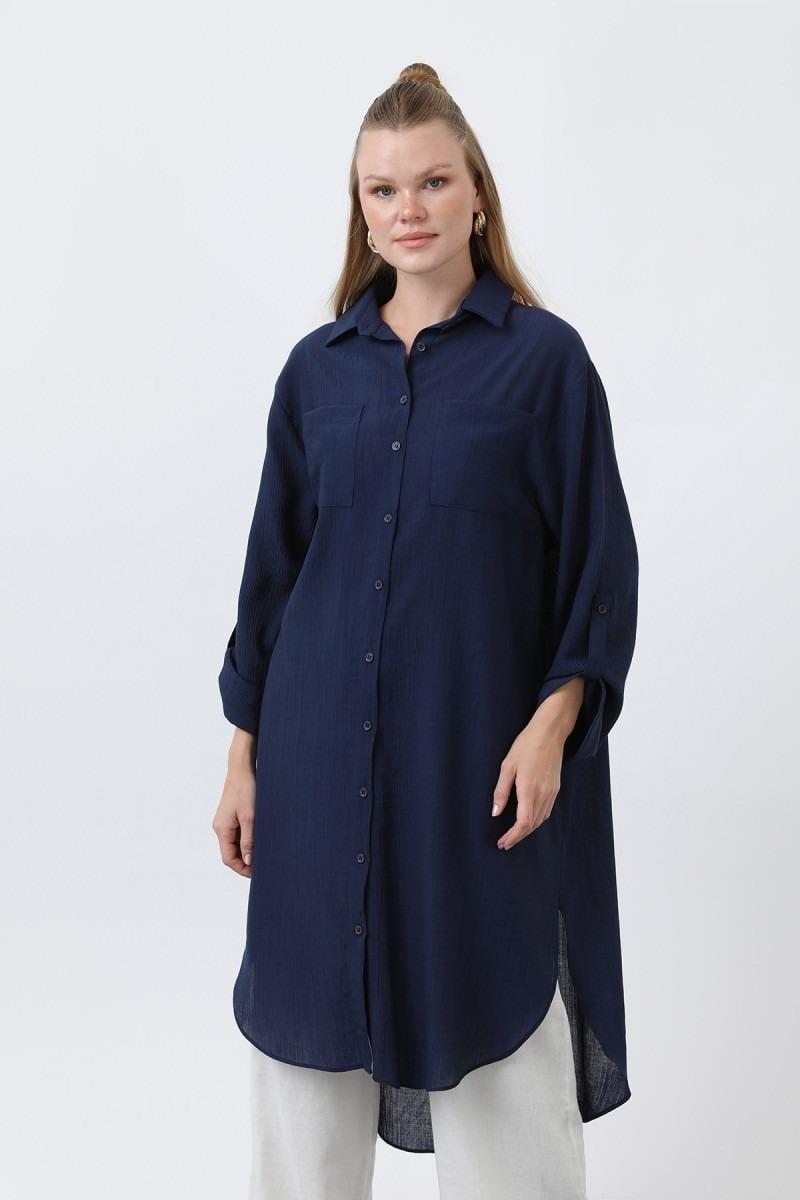 Kendinden Çizgi Detaylı Tunik 10686 - F.Navy