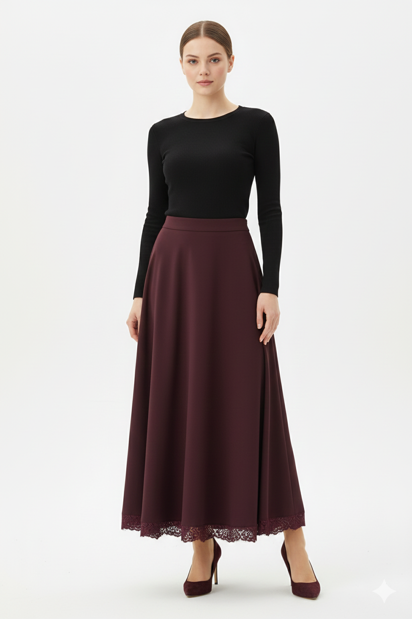 Dantel Detaylı Scuba Etek 18288 - Burgundy