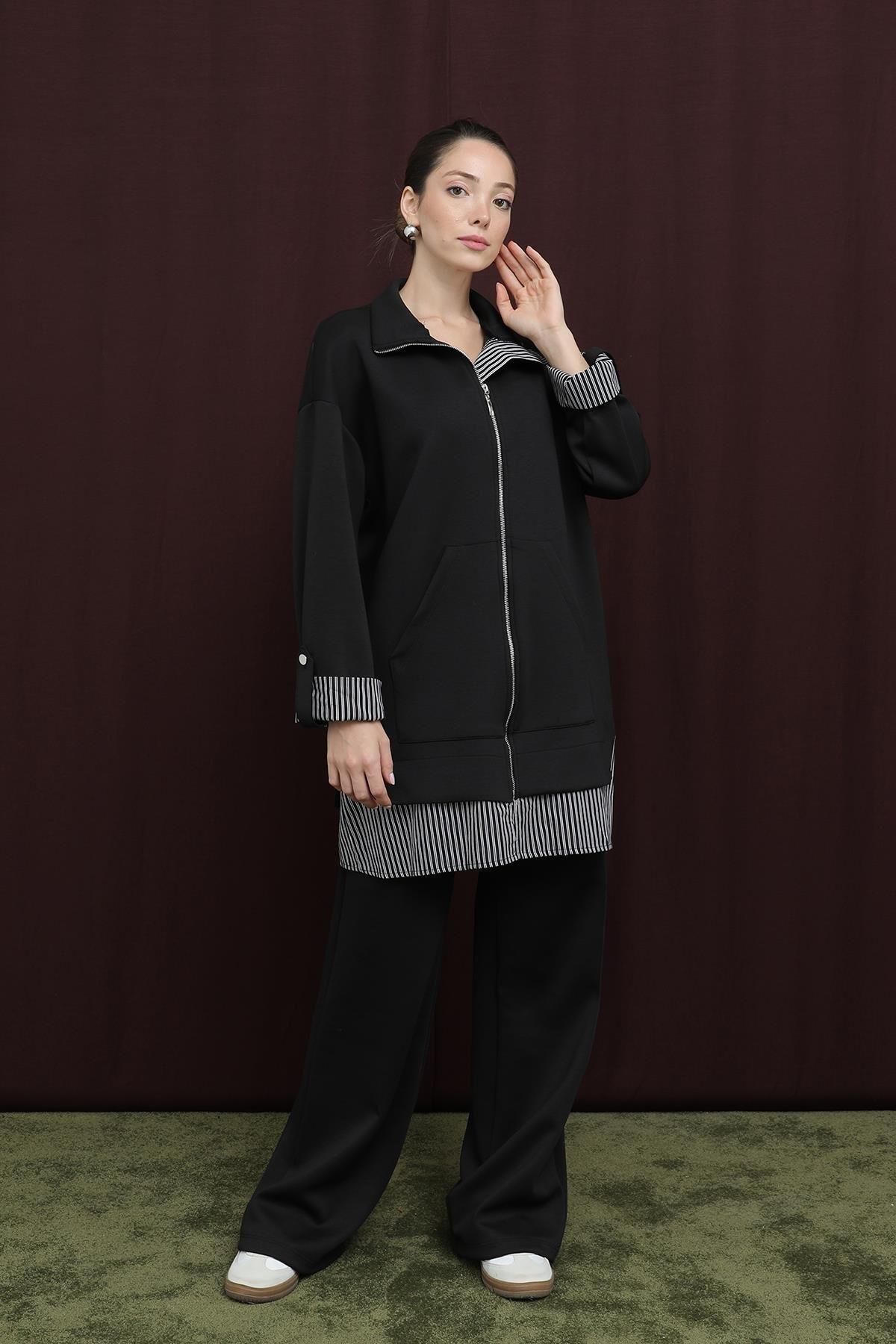 Kol Katlamalı Çizgi Detay Pantolonlu Takım 14383 - Siyah