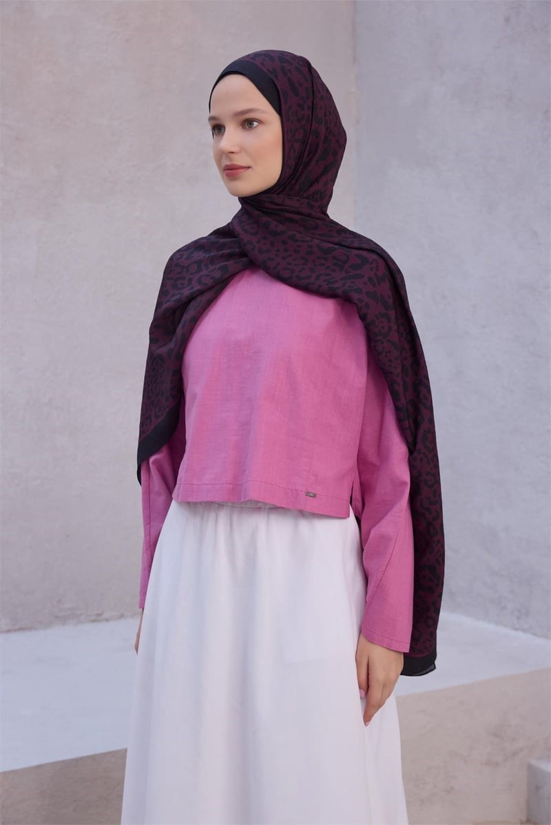 Belli 1464 Leopar Desenli Lena Şal Mürdüm Şal BELLI 