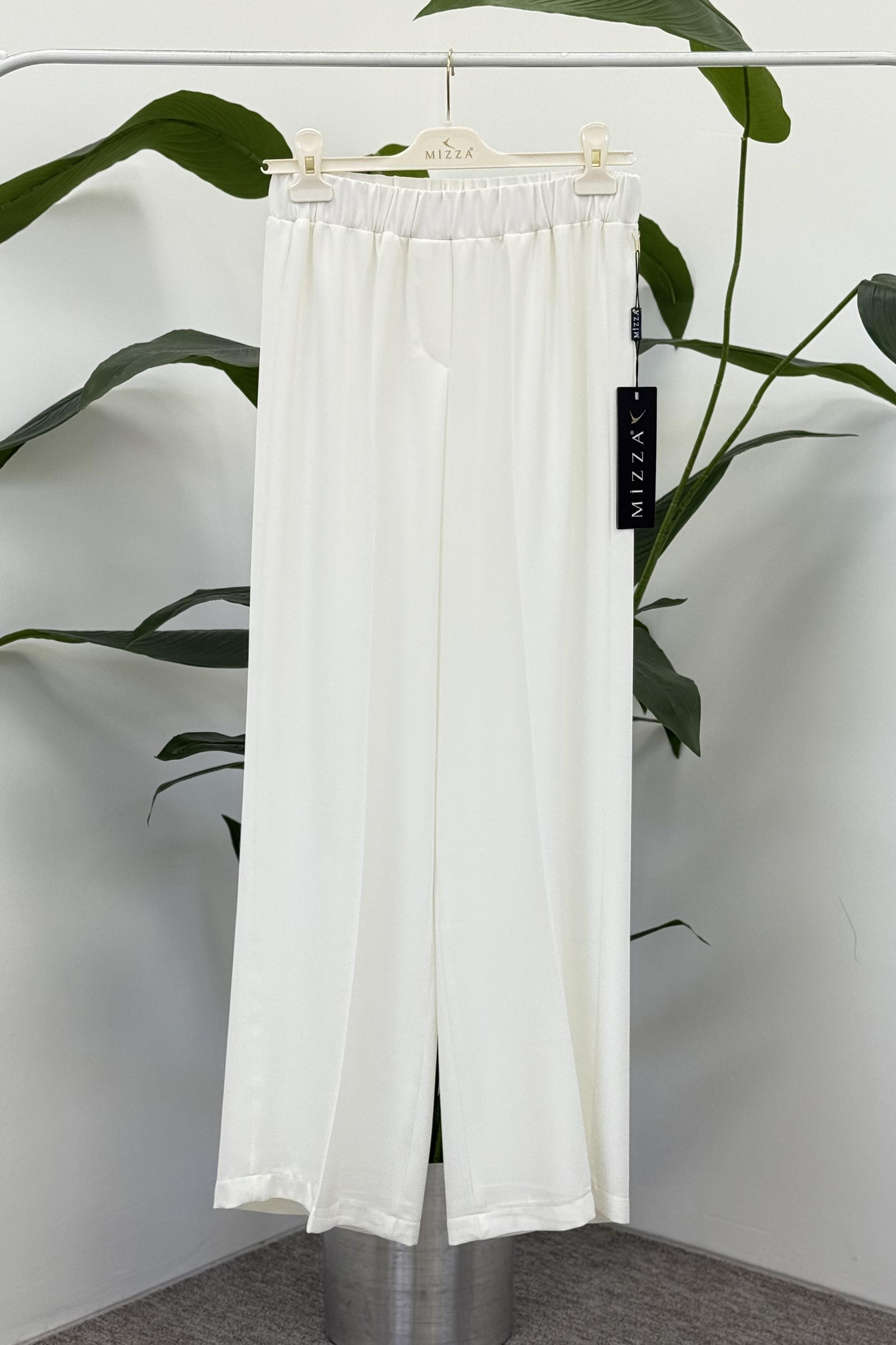 Beli Lastikli Bol Paça Krep Pantolon 1017 - Ekru