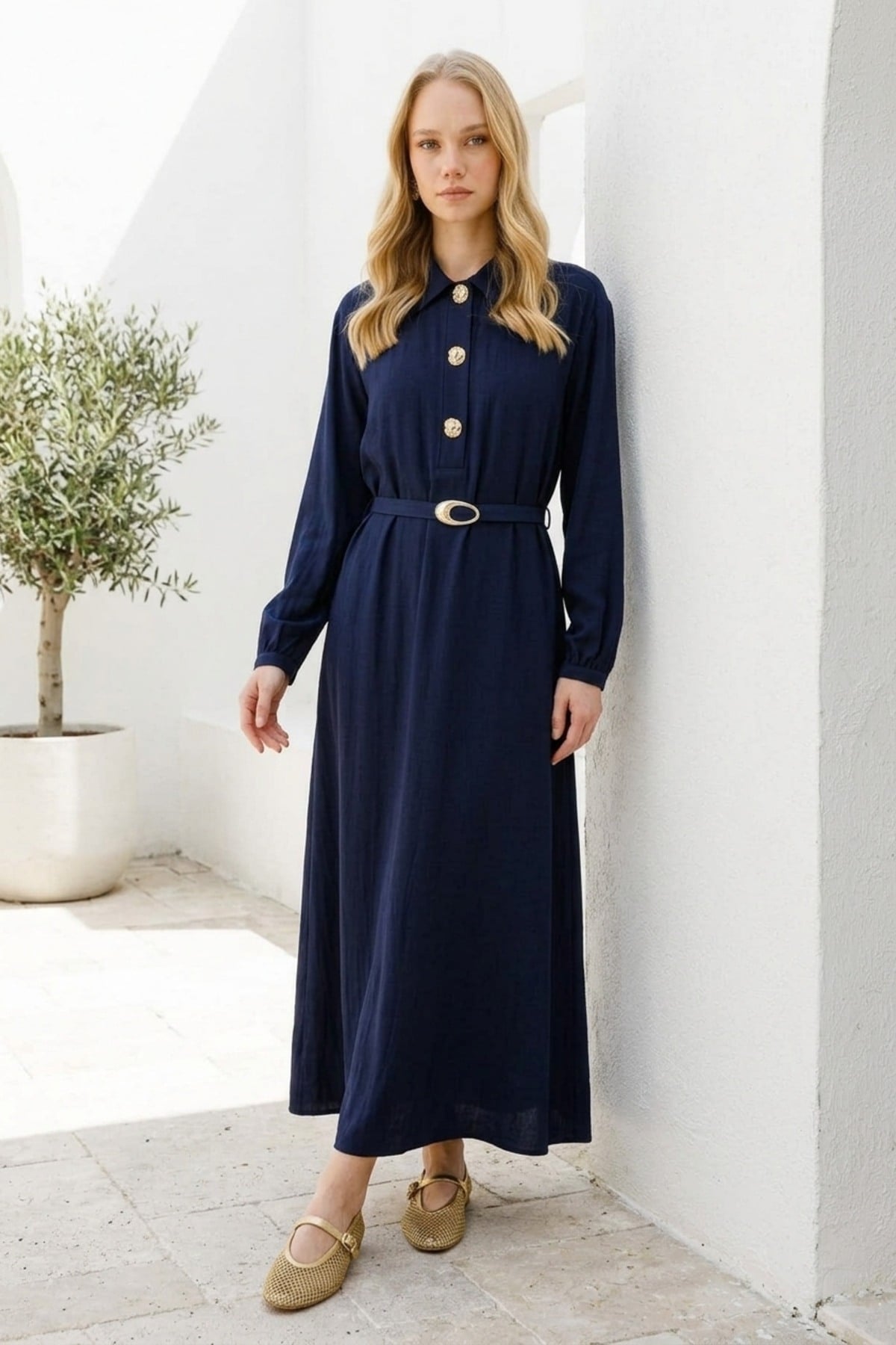 Düğme Detaylı Denim Görünümlü Elbise 0037052 Lacivert Elbise İKOLL 