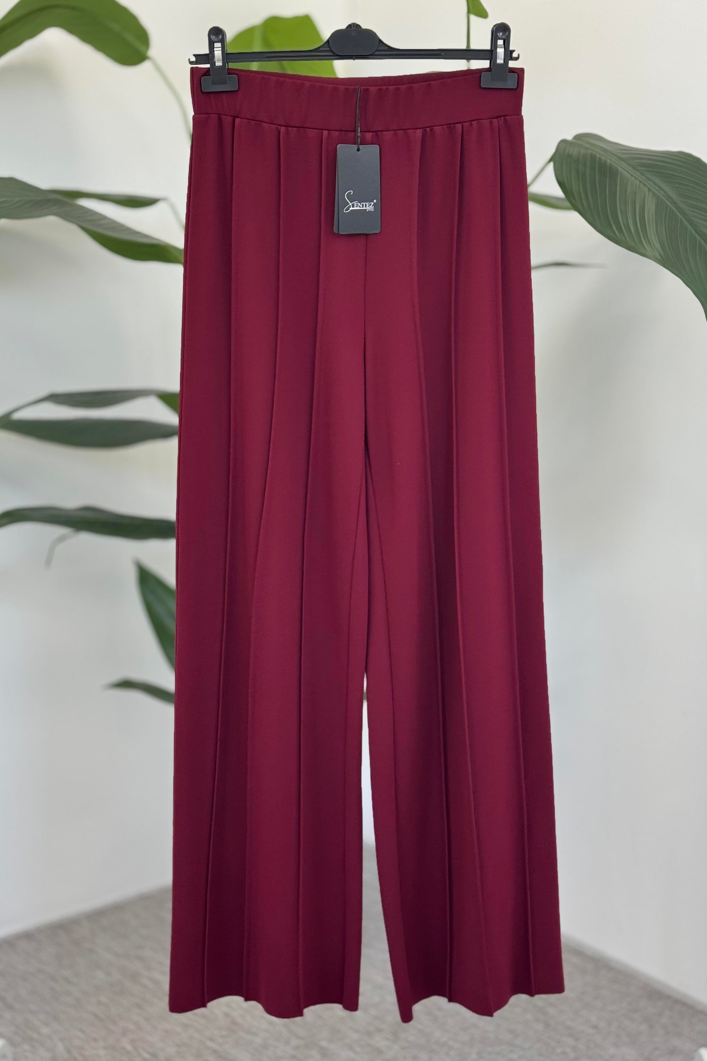 Sentez 5612 Liora Geniş Paça Örme Pantolon - Bordo