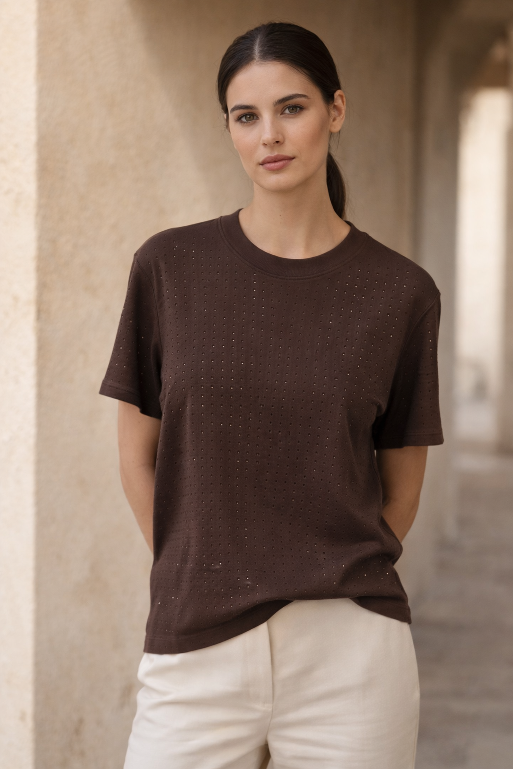 İnterlok Taşlı T-Shırt 1004972 - Kahve