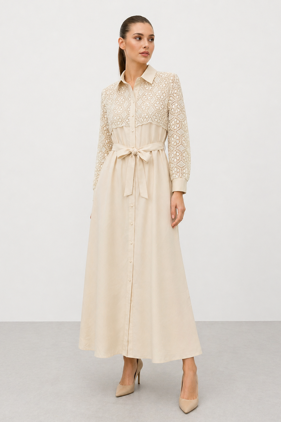 Fuat Gürşen 5111 Brode Detay İşlemeli Elbise - Bej