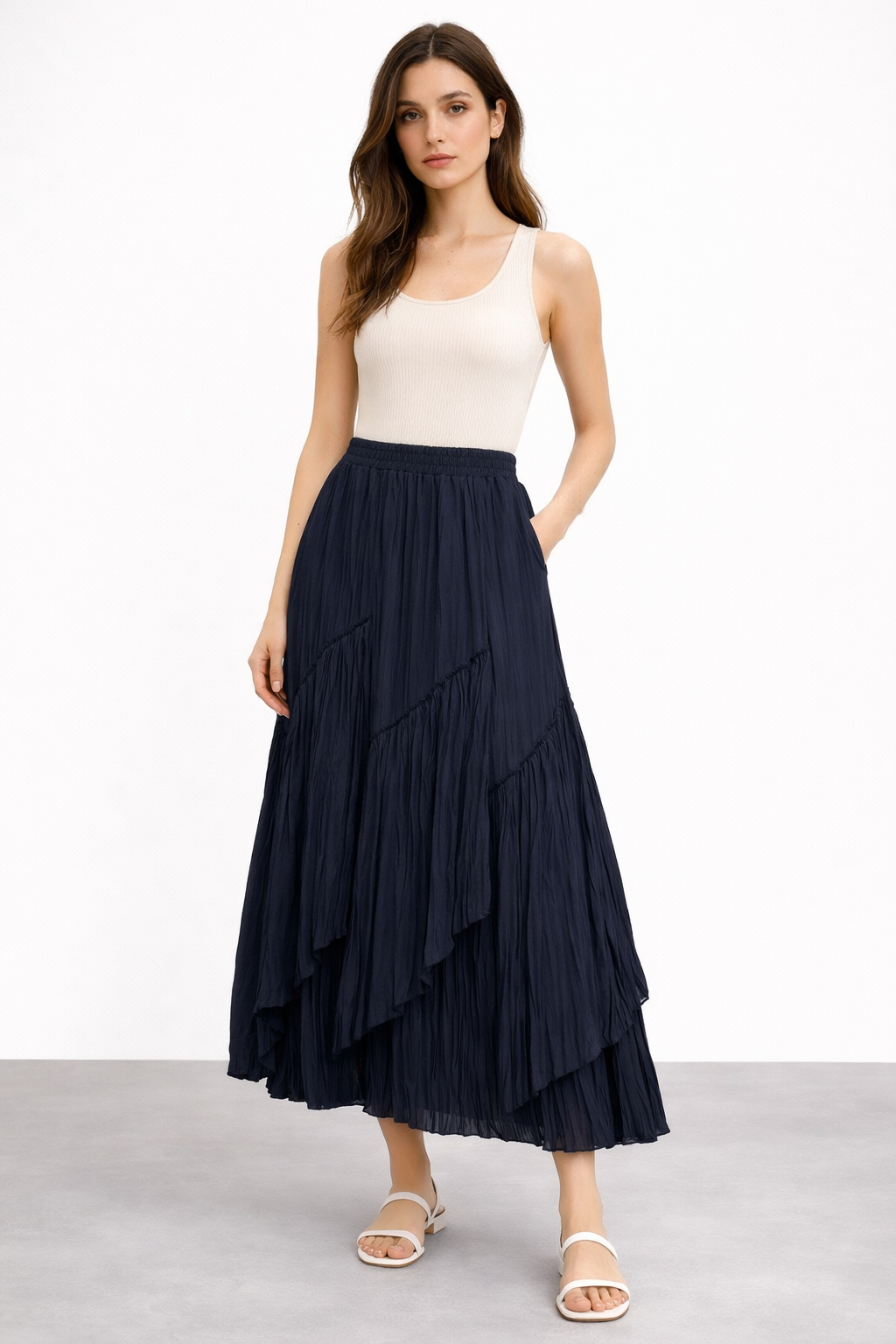 Sentez 5475 Viola Parçalı Kırıştırma Etek - Lacivert