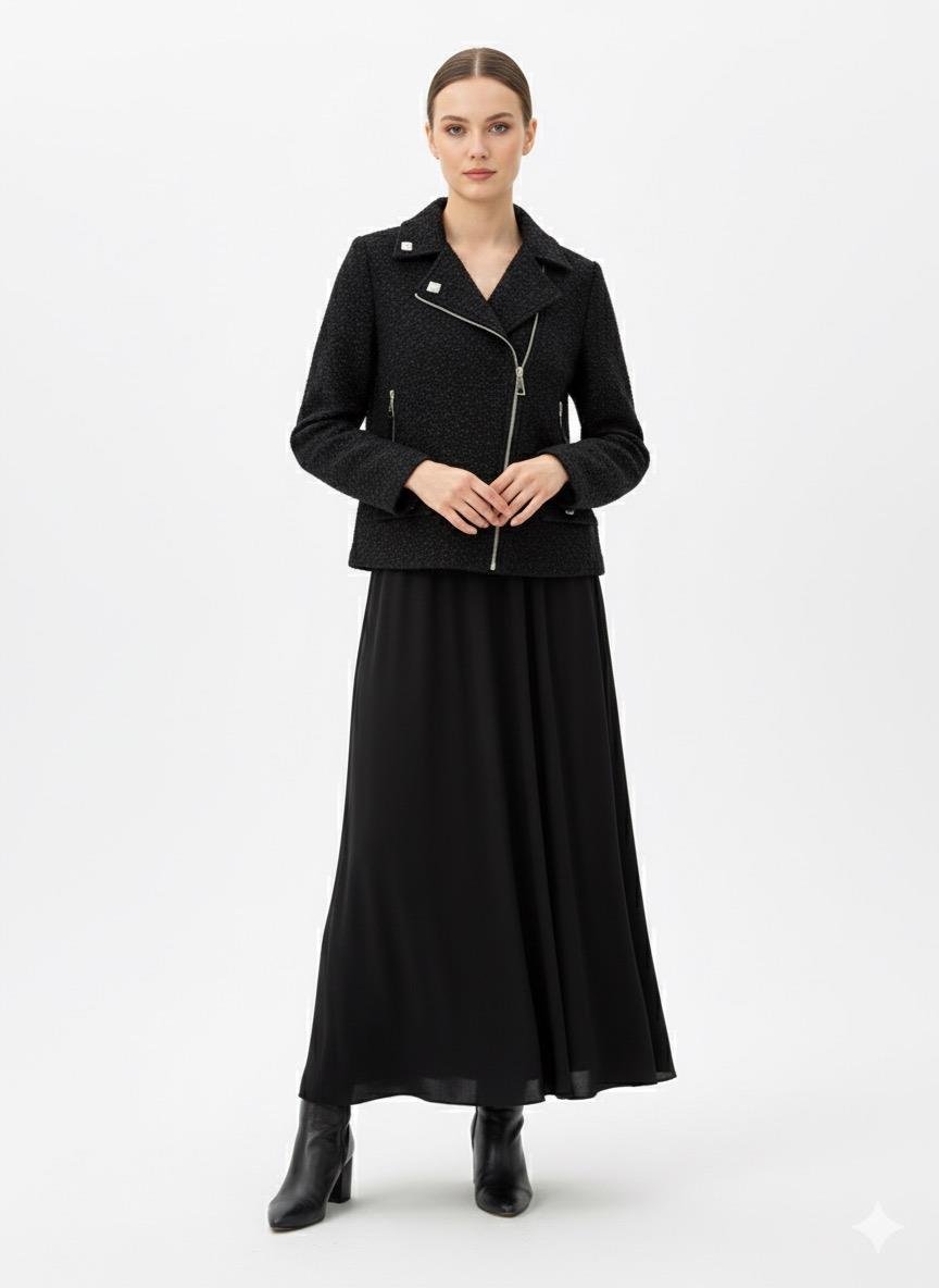 Ahi 11157 Yaka Taş Detay Ceketli Etekli Takım - Siyah