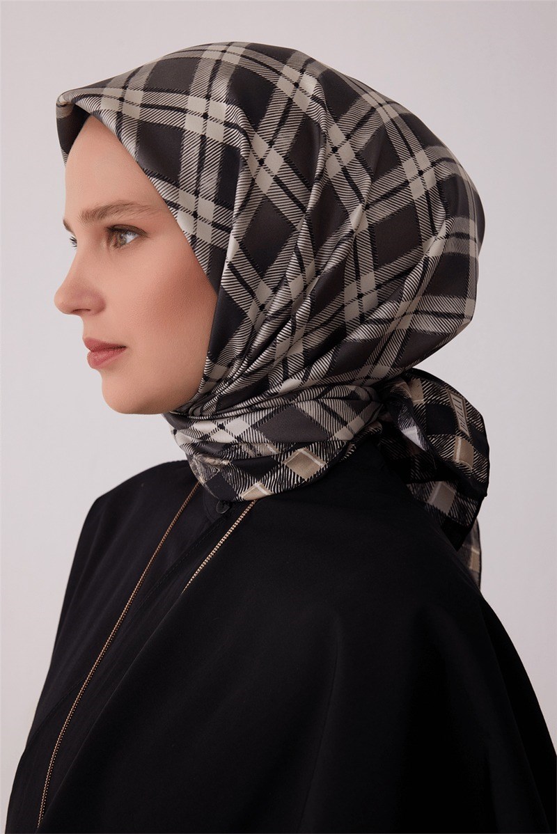 Belli 4421 Düğümlü Kafes Geometrik %100 Twill İpek Eşarp - Siyah Eşarp BELLI 