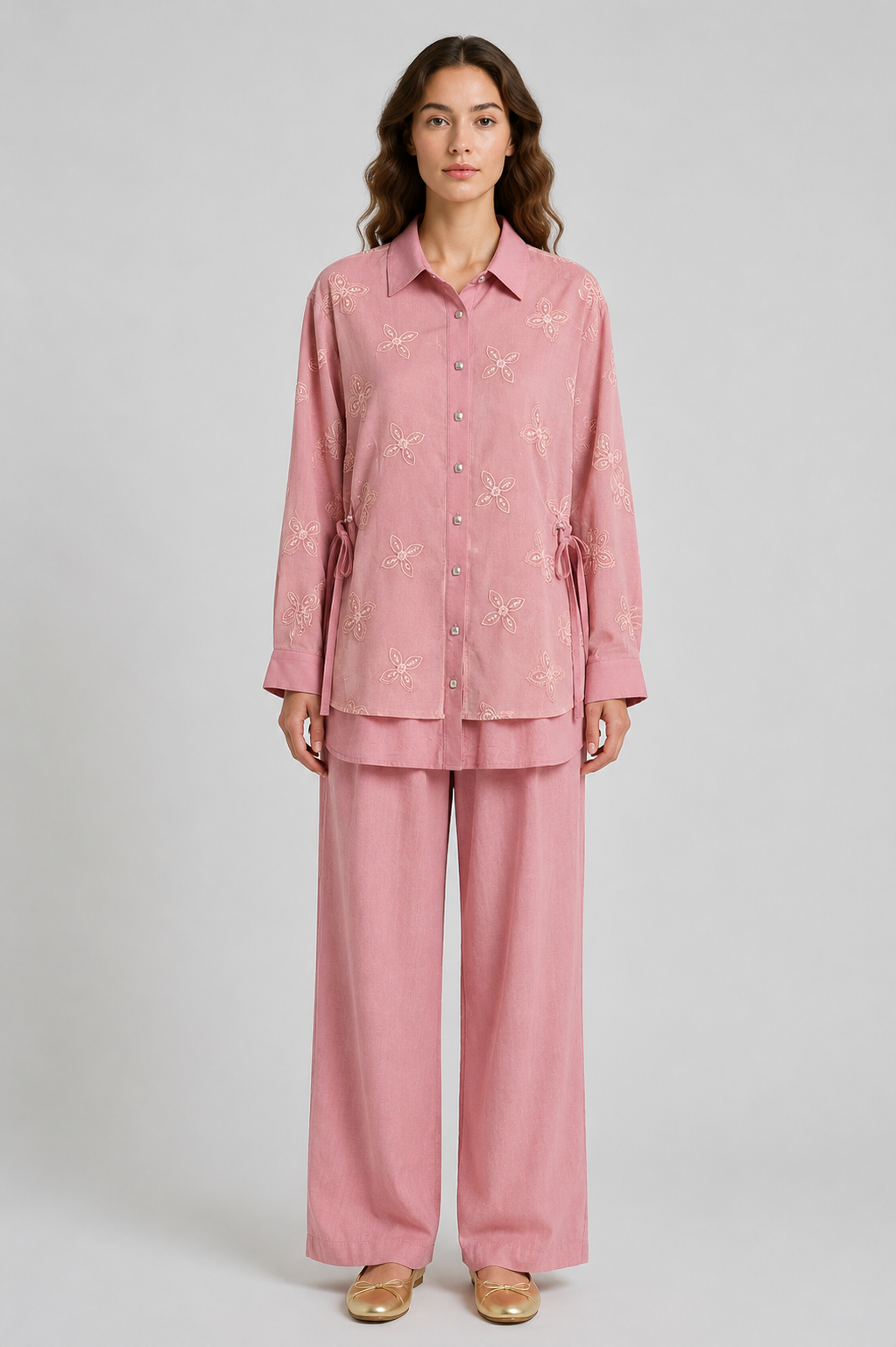 Çiçeği Nakış ve Payet İşlemeli Keten Pantolonlu Takım 1578 - Pembe