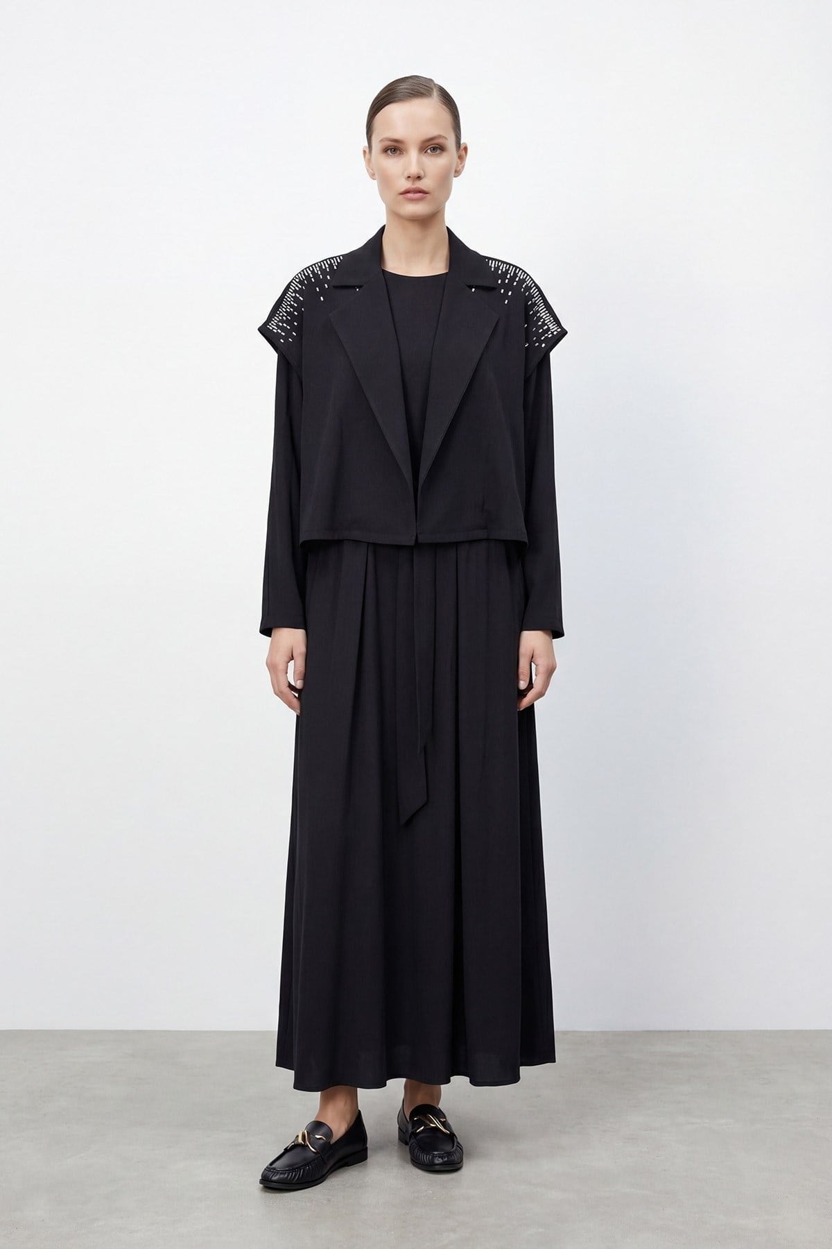 Omuz Taş İşlemeli Elbise 12683 - Siyah