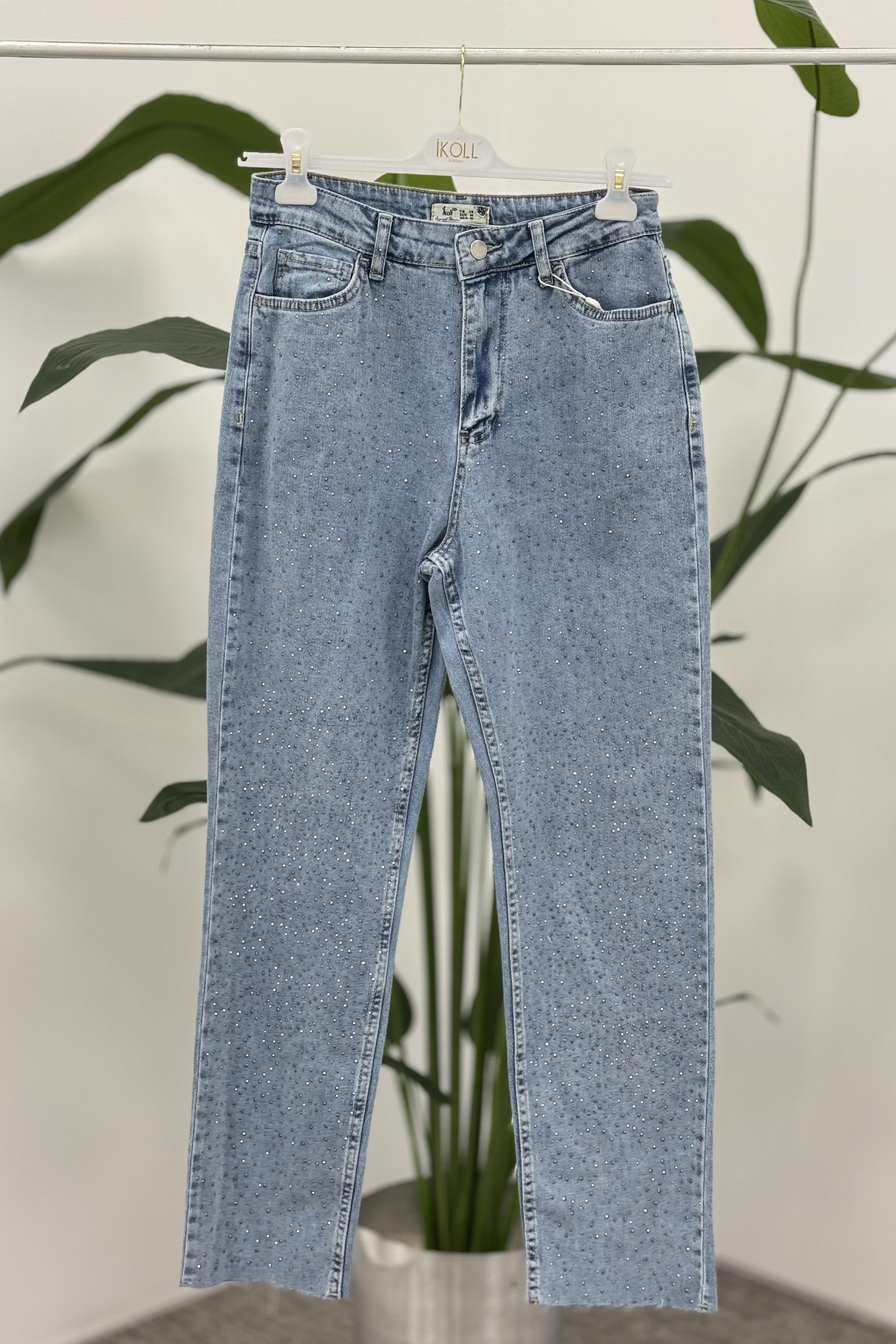 Parlak Taşlı Mom Fit Jean 0034863 - Mavi