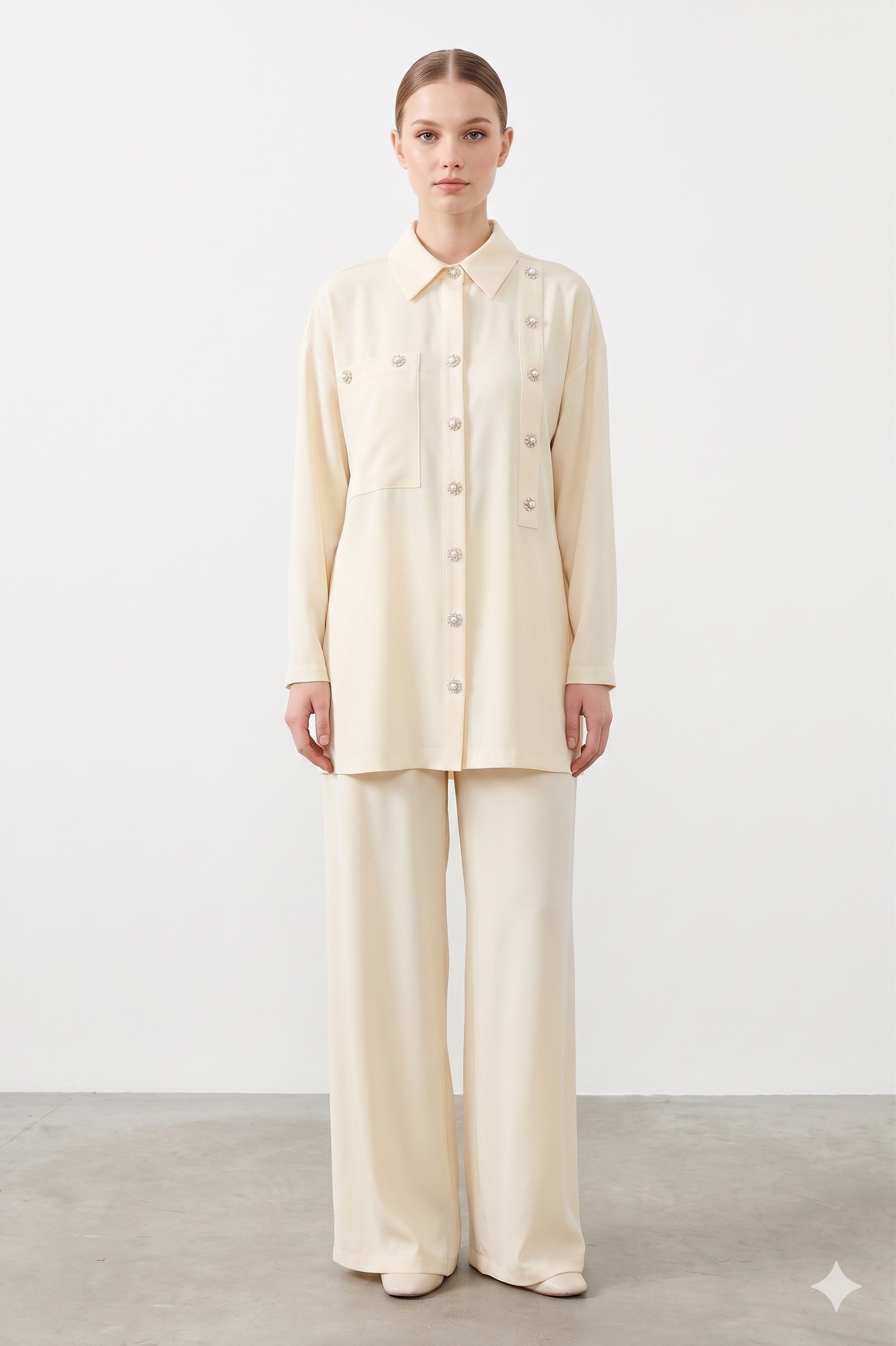 Ceremony 26Y931 Tek Kolu Çiçek Aksesuarli Pantolonlu Takım - Krem