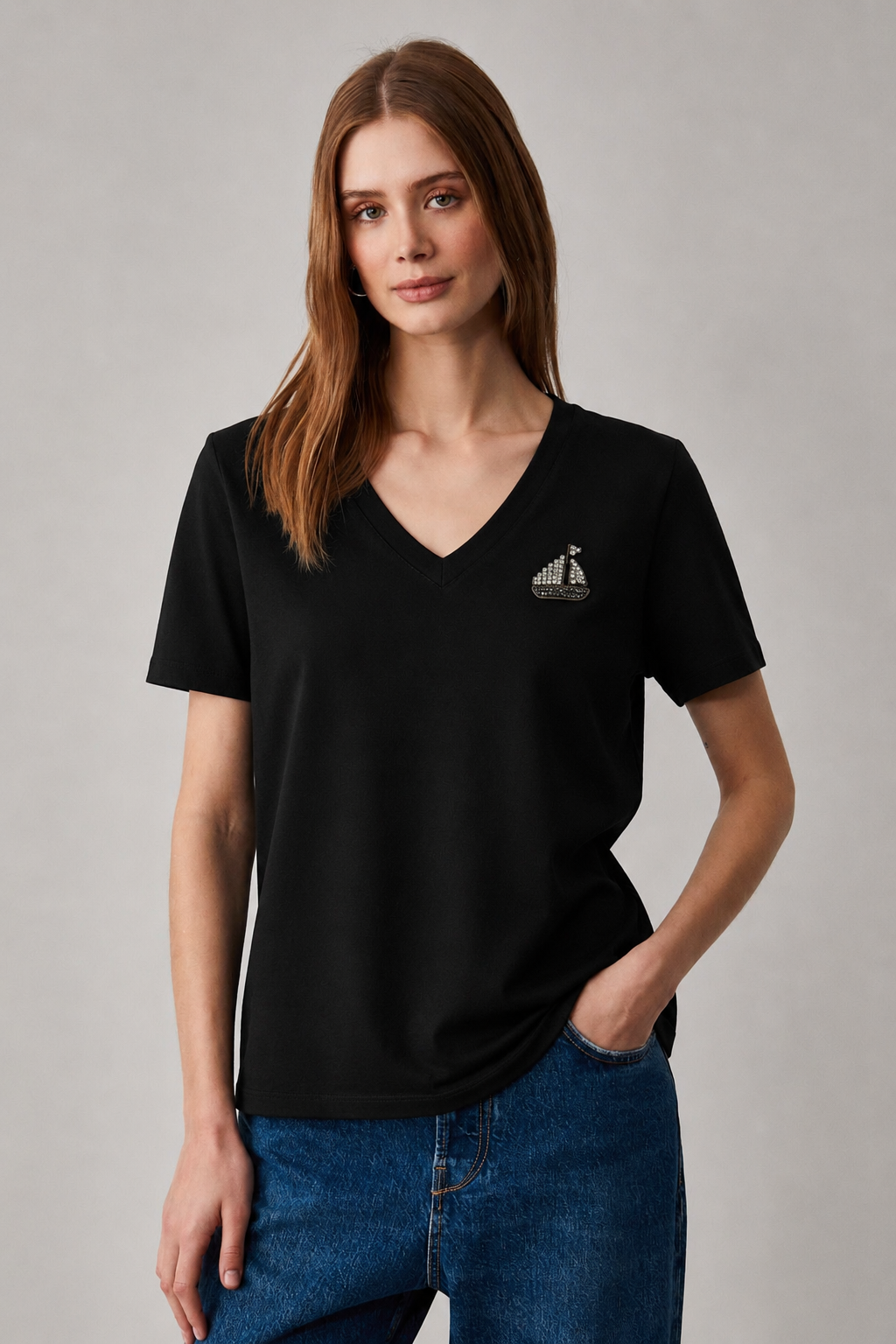 Gemi Aksesuarlı V Yaka Tshirt 4052 - Siyah