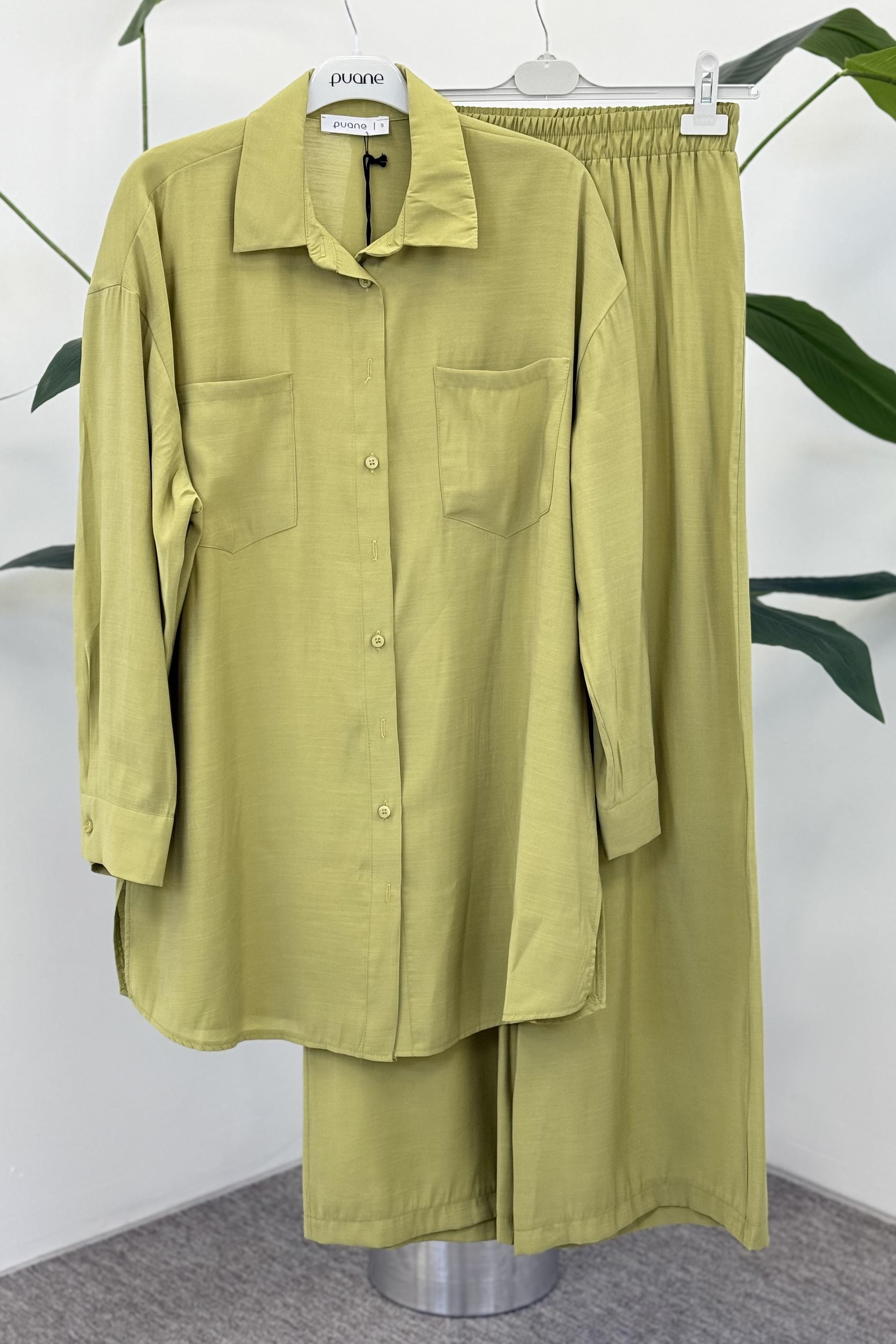 Çizgi Detaylı Düğmeli Pantolonlu Takım 14353 - Olive