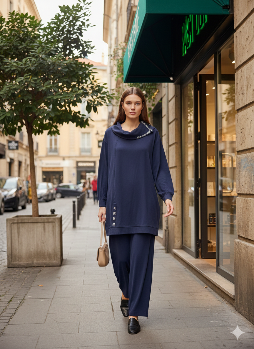 Yaka Taş ve Fermuar Detaylı Pantolonlu Takım 14448 - F.Navy