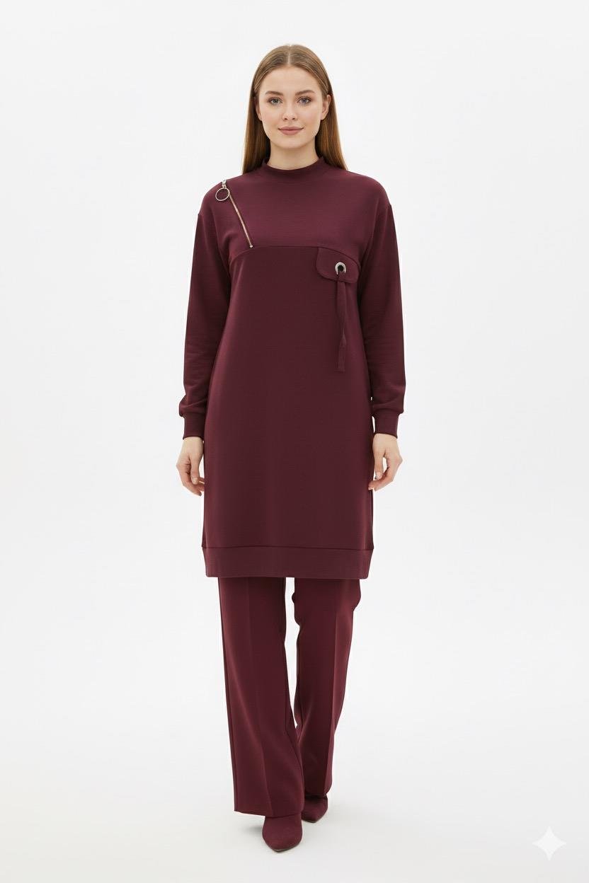 Armine Trend 25KT453 Omuz Çapraz Fermuar Detay Tunik - Bordo