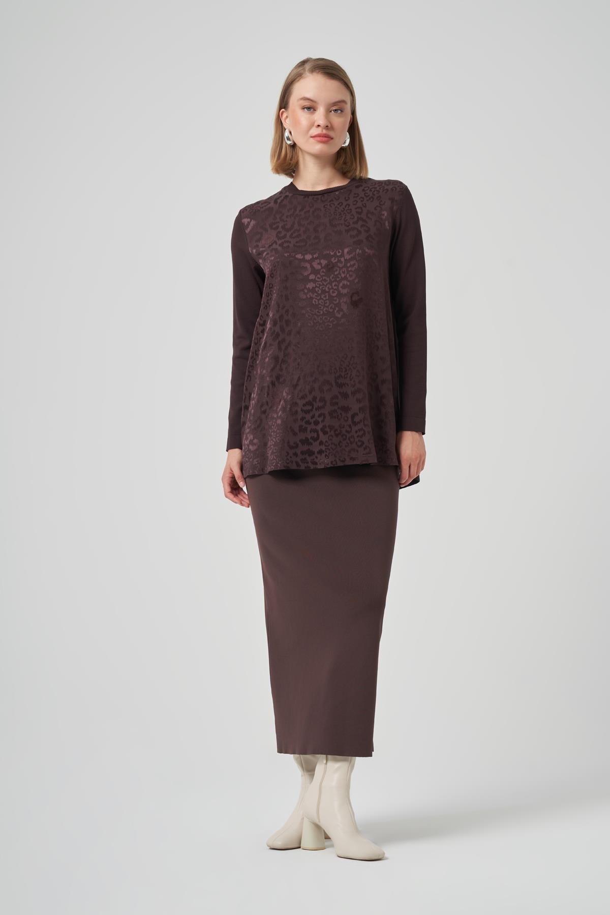 Nuss 3002 Leopar Jakar Detay Merserize Tunik - Kahve