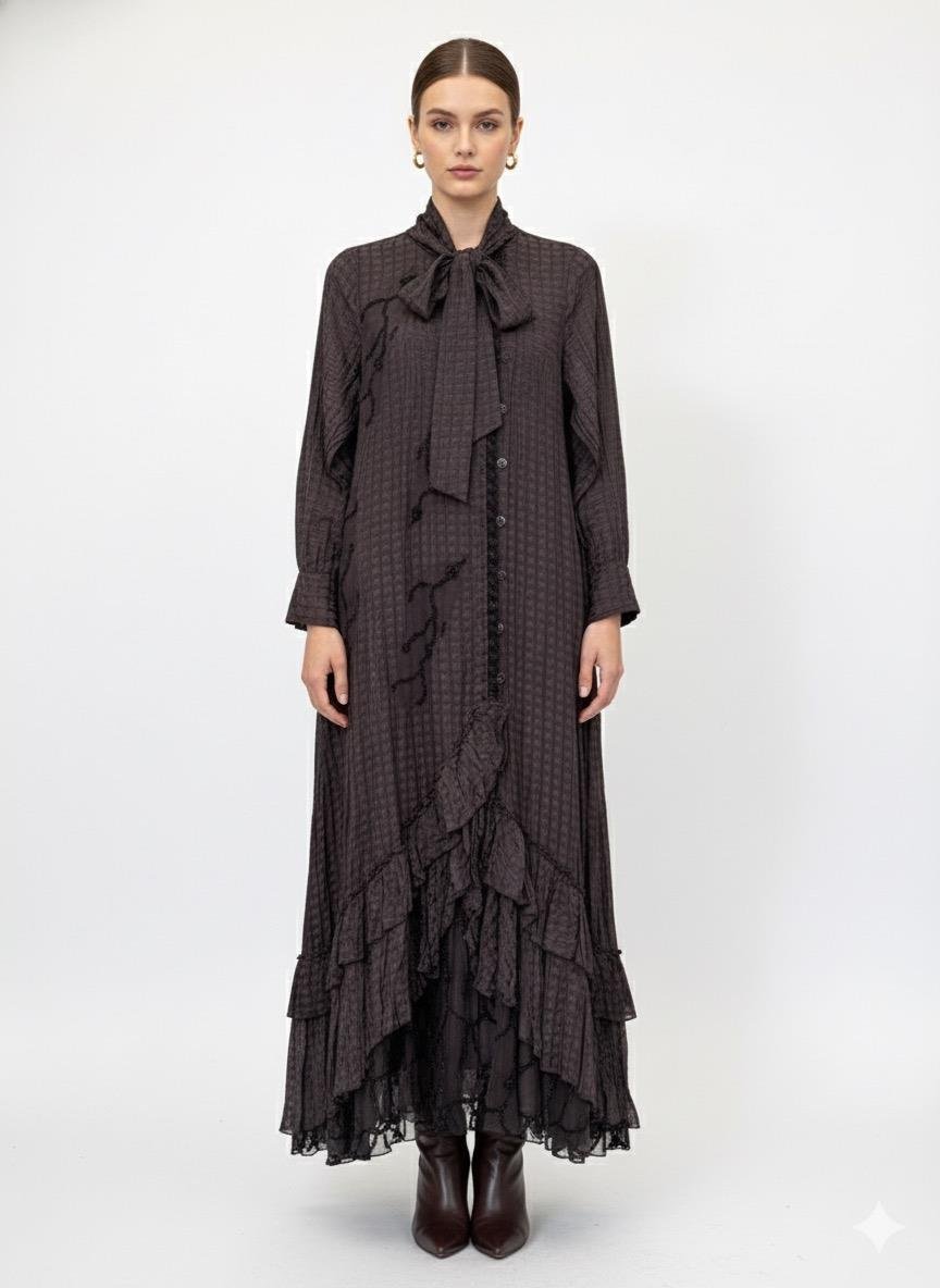 LissMore 5747 Eteği Kat Kat Jakar Elbise - Browni