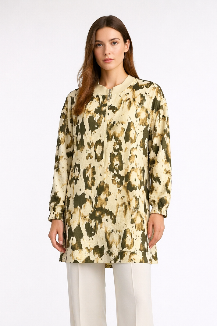 Armine Trend 26YT473 Yarım Fermuar Detay Desenli Tunik - Ekru