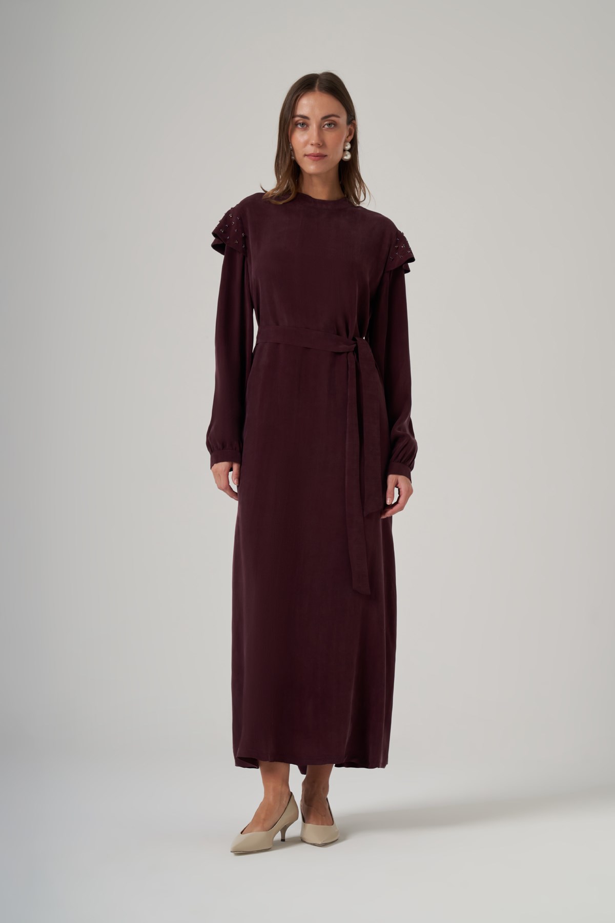 Nuss 2043 Omuz Taş İşlemeli Qupra Elbise - Mürdüm