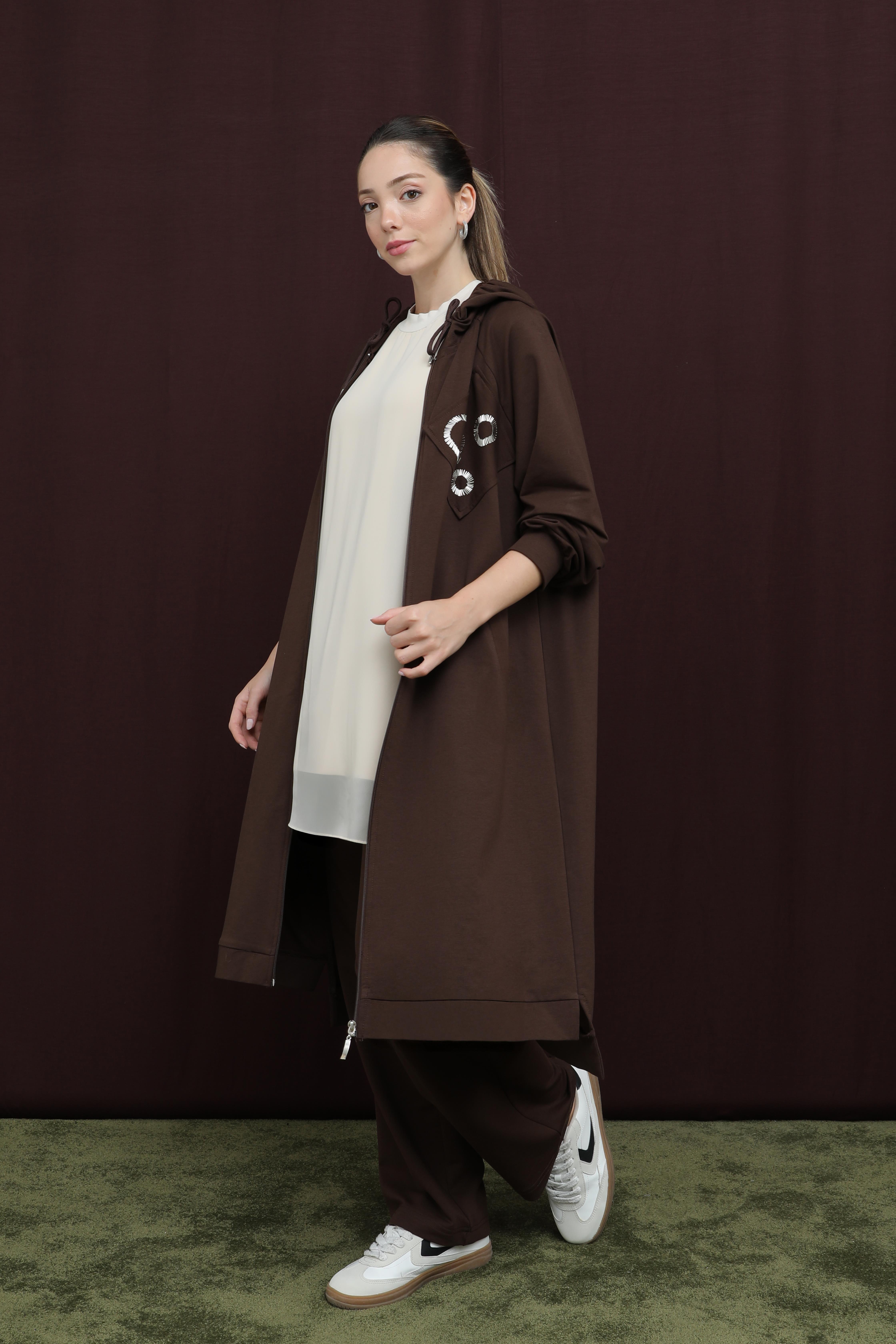 Yakası Halka Boncuk İşlemeli Pantolonlu Takım 14393 - Browni
