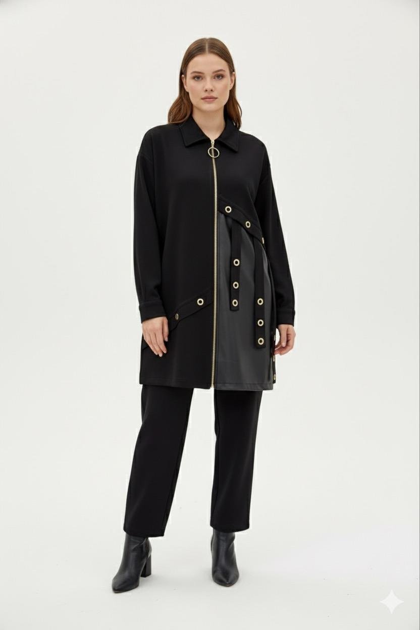 Deri ve Kuş Gözü Detay Pantolonlu Takım 1423 - Siyah