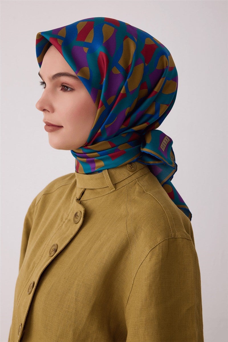 Belli 4420 Pusula Çizgileri Geometrik %100 Twill İpek Eşarp - Turkuaz Eşarp BELLI 