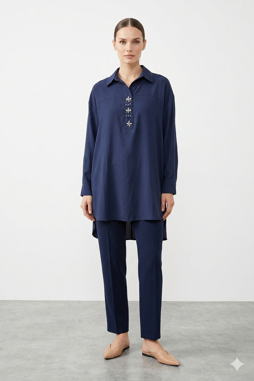 Ön Patı Çiçek Taş İşlemeli Tunik 10774 - F.Navy
