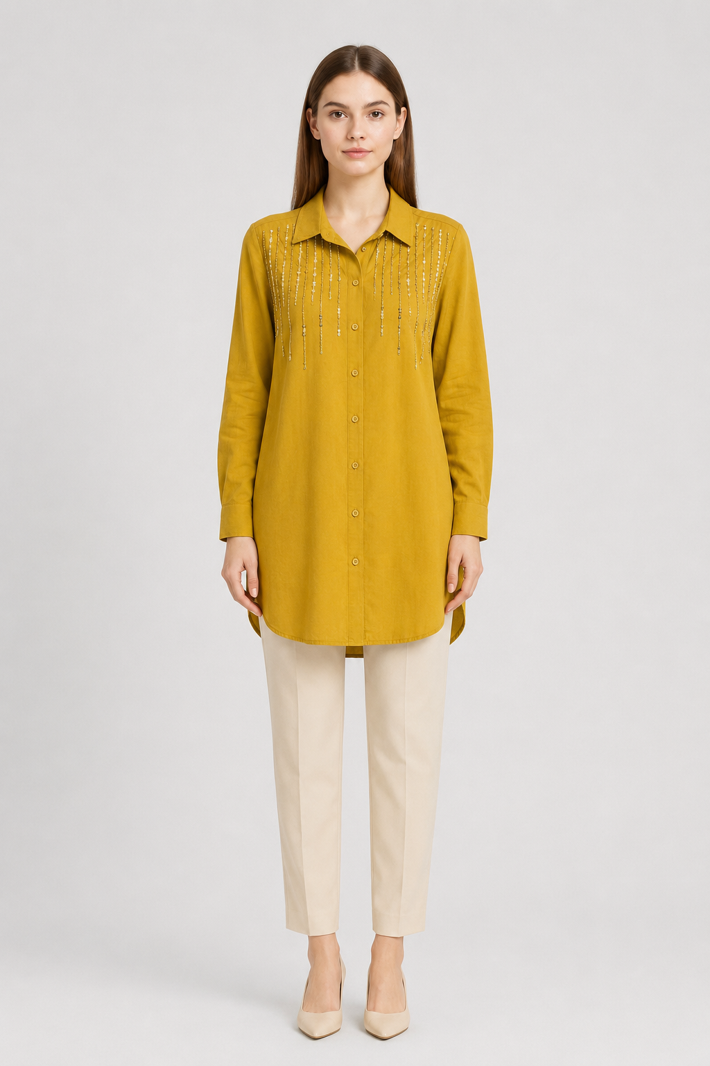 Omuzu Boncuk Detaylı Tunik 10794 - Hardal