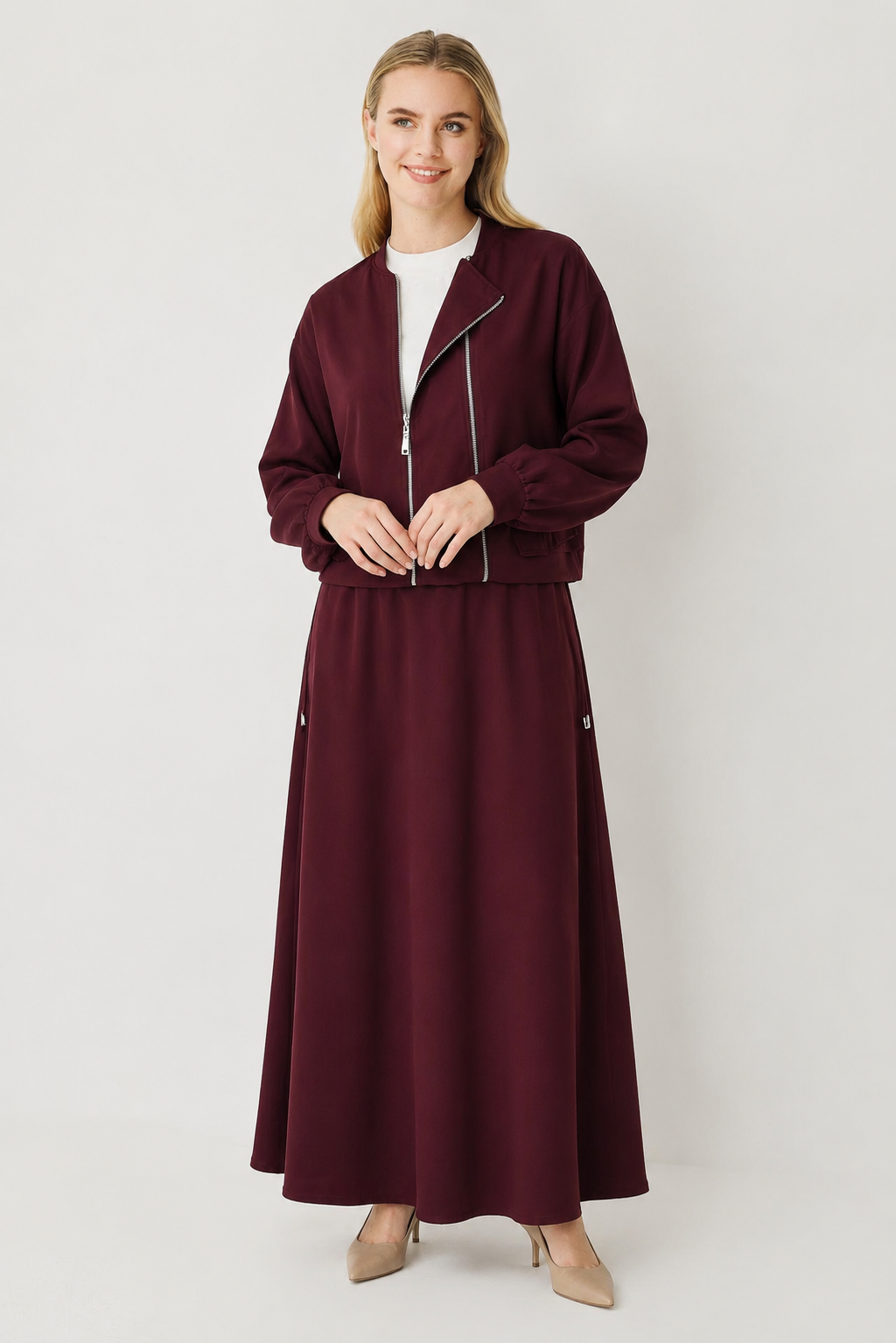 Çift Fermuar Detay Etekli Takım 1535 - Bordo