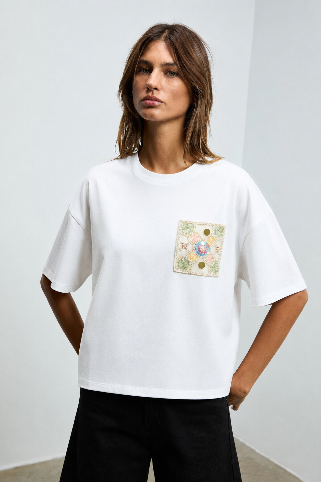 Etnik Dantel İşlemeli Tshirt 4027 - Ekru