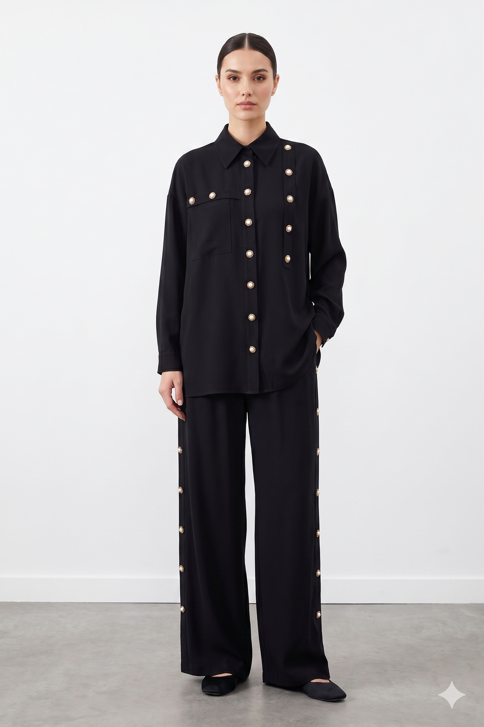 Ceremony 26Y931 Tek Kolu Çiçek Aksesuarli Pantolonlu Takım - Siyah