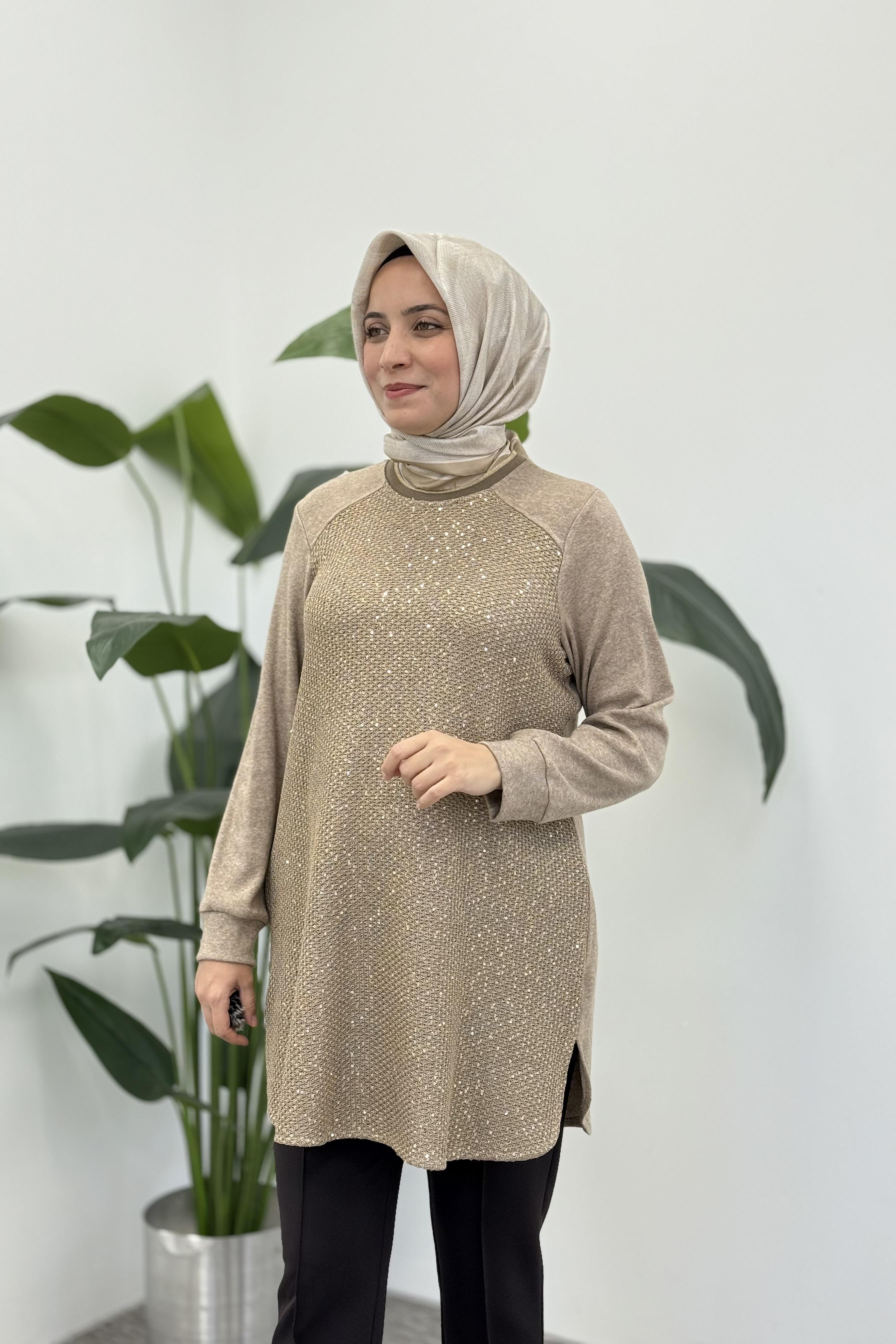 Fuat Gürşen 4345 Örgüsü Payet Detay Tunik - Bej