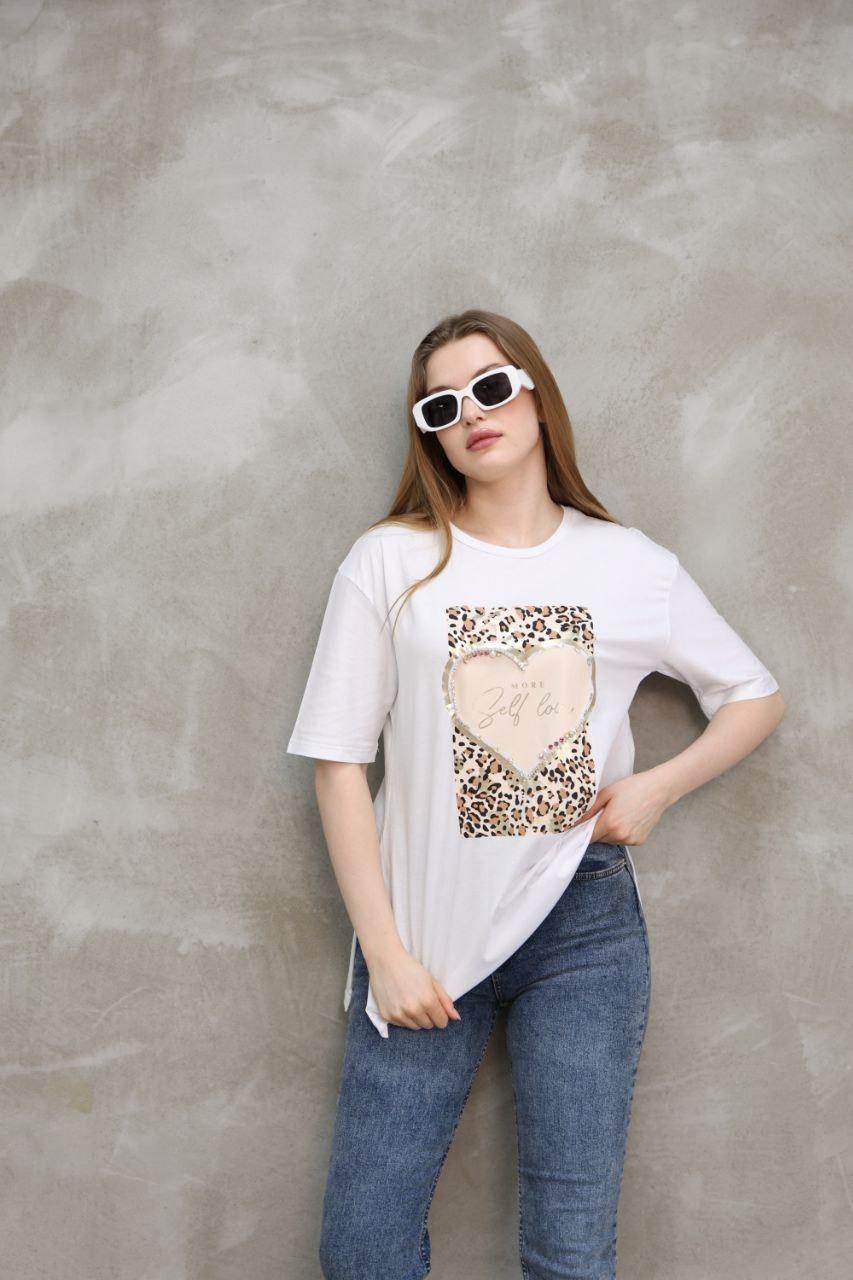 Kalp Leopar Baskılı Tshirt 3061 - Beyaz