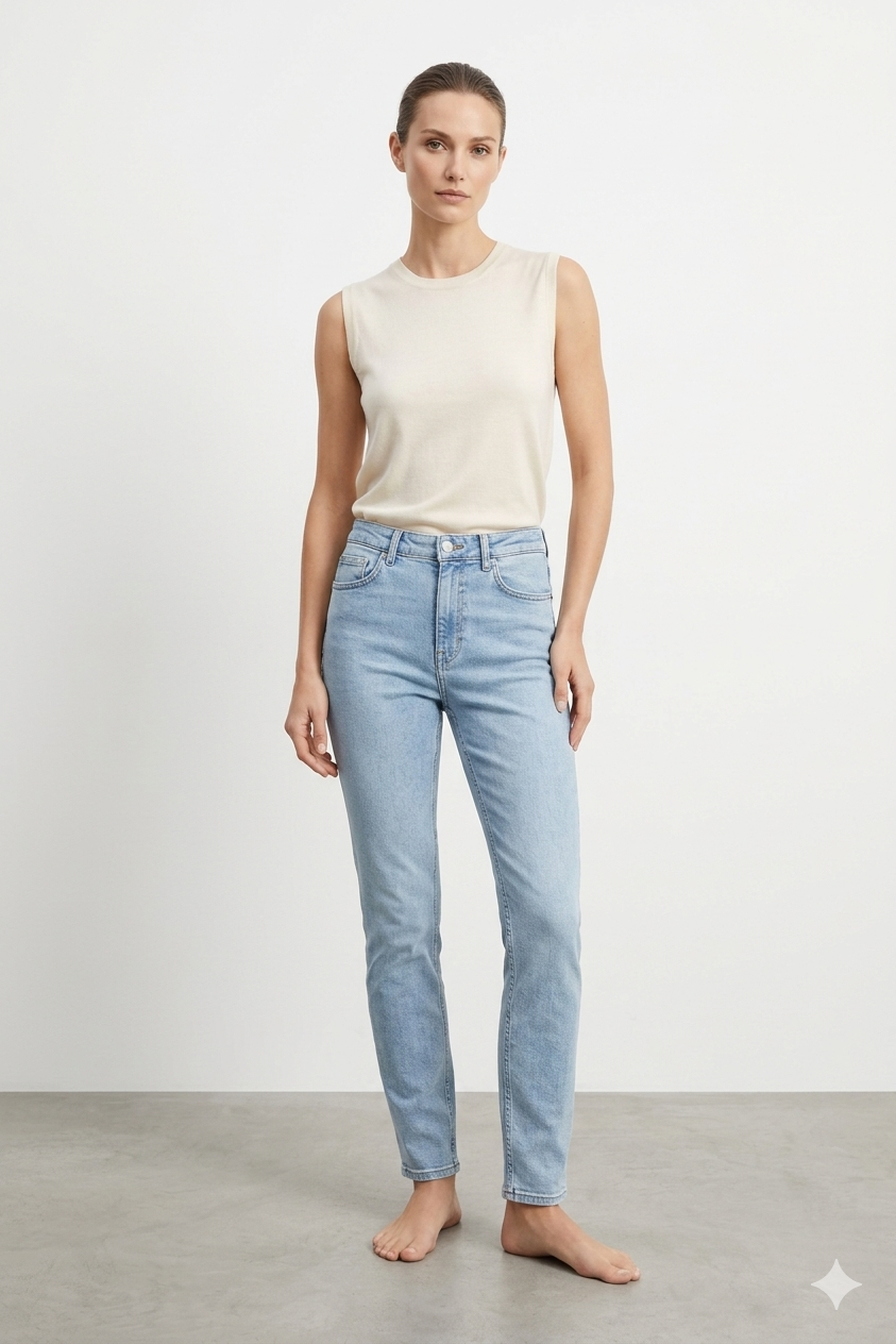 Mom Jeans Düz Kot Pantolon 0291-D - Açık Kar Yıkama