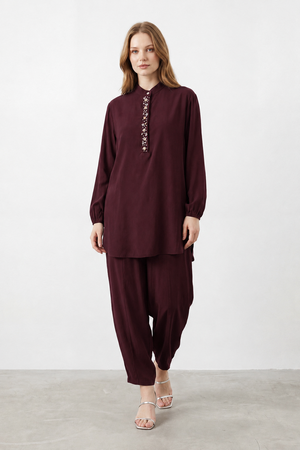 Deniz Kabuğu İşlemeli Pantolonlu Takım 14422 - Burgundy