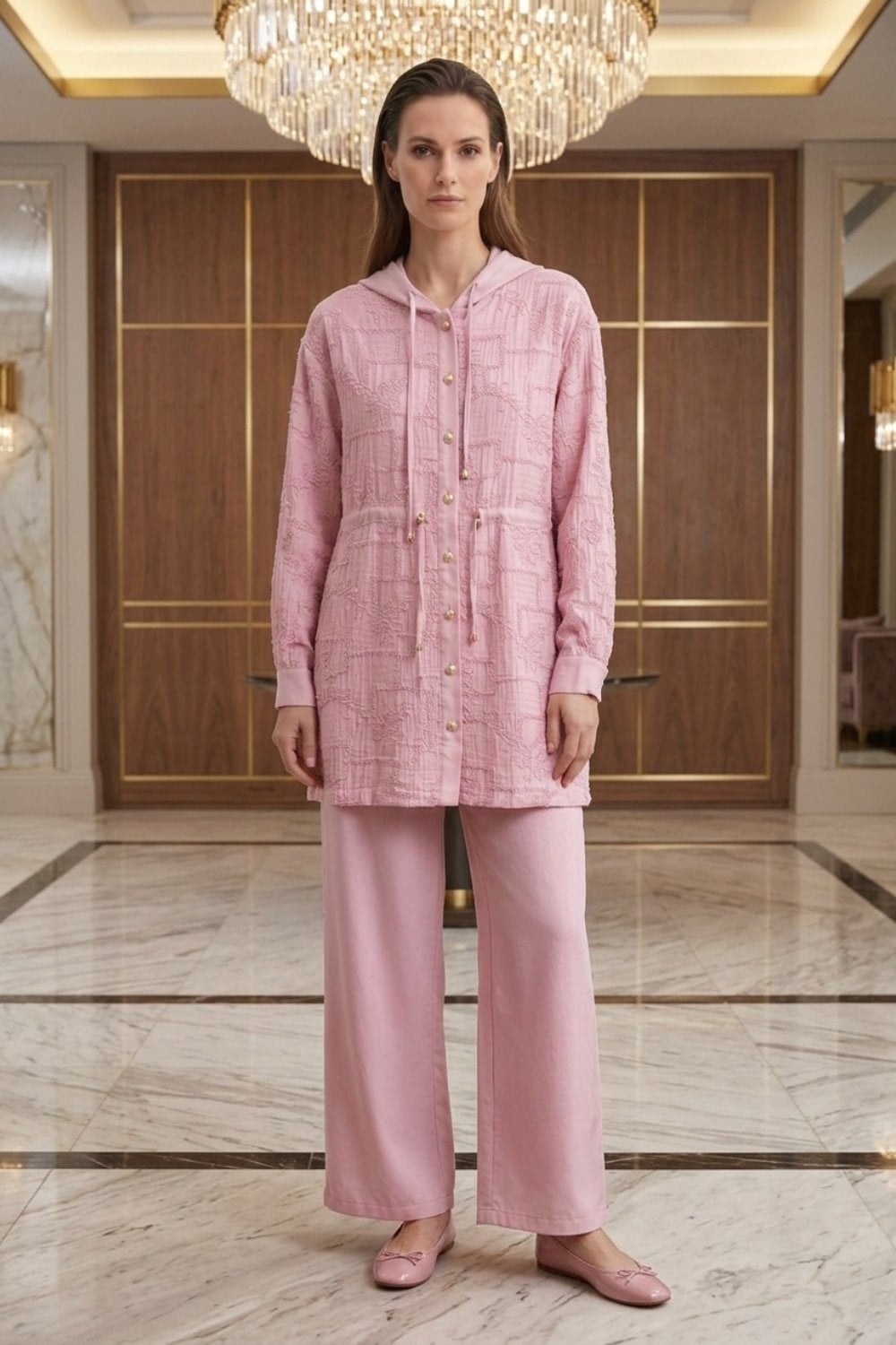 Çiçek Güpür Detay Pantolonlu Takım 1597 - Pembe