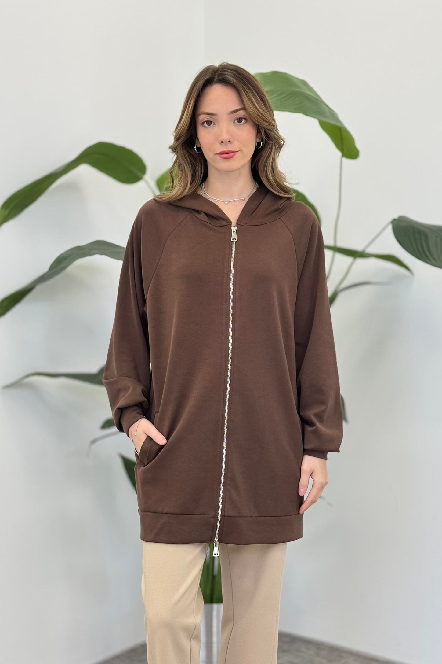 Fermuar ve Kapüşon Detaylı Kap 250309 - Kahve