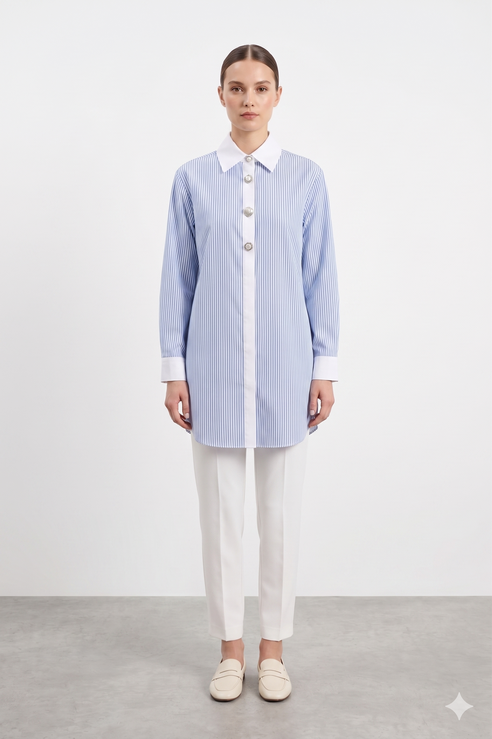 Üç Farklı Düğme Detay Çizgili Tunik 1520 - Mavi