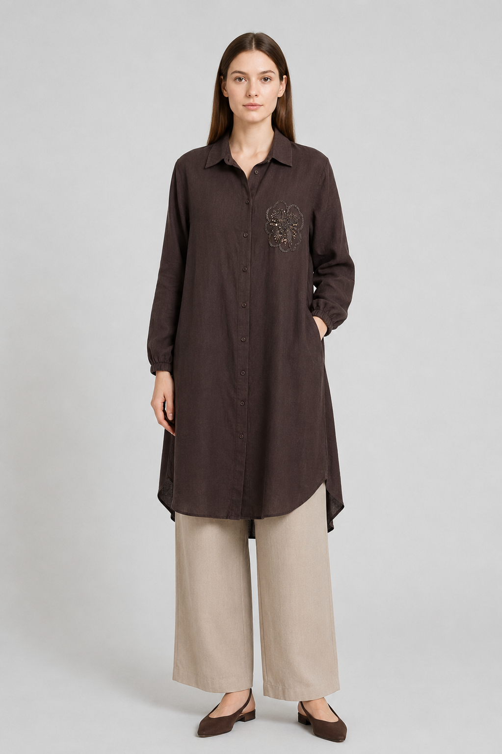 Boncuk ve Payet İşlemeli Uzun Boy Tunik 10797 - Browni