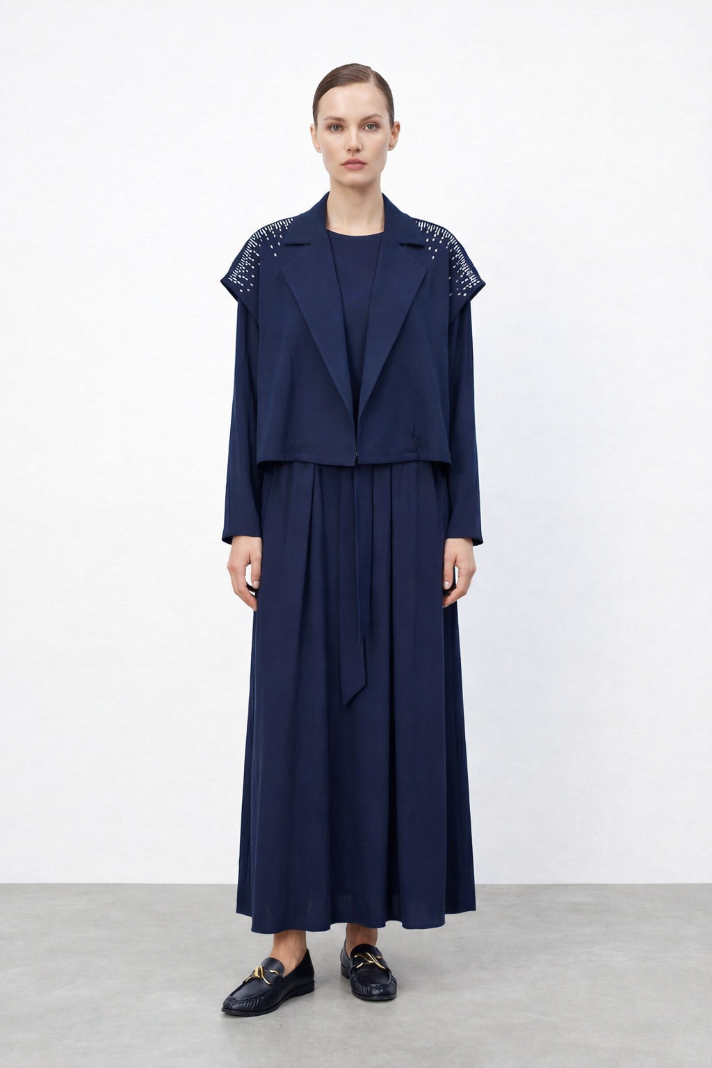 Omuz Taş İşlemeli Elbise 12683 - F.Navy